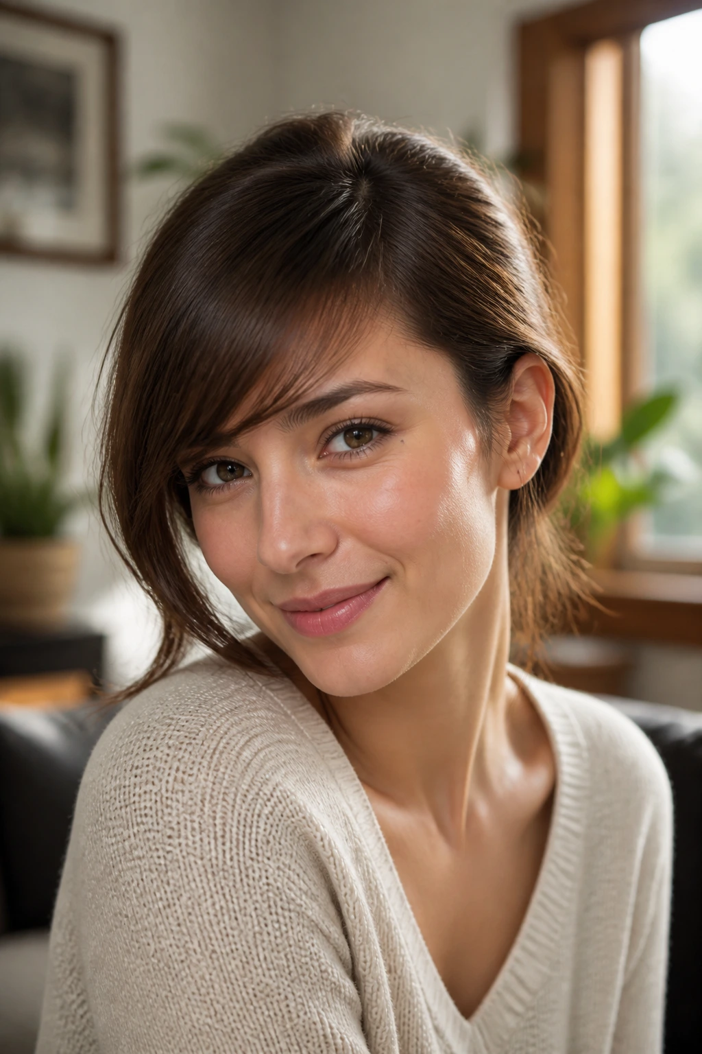 Close-up portrait of a woman with a soft diagonal side bang framing her cheekbone.