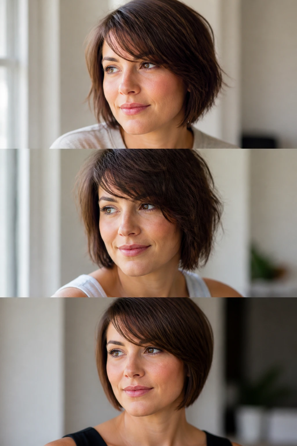 Real woman with side bangs wearing a versatile look in natural light