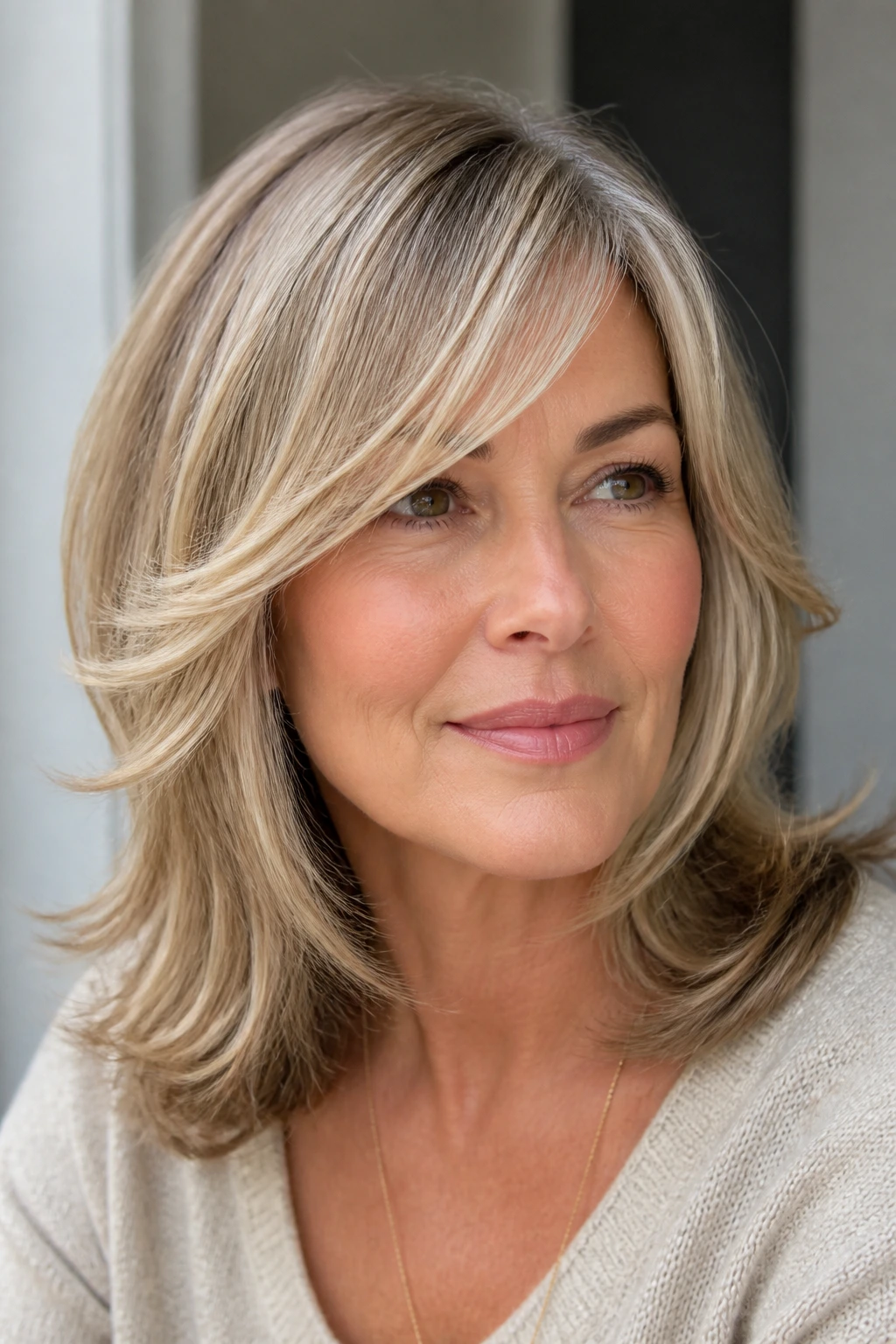 Close-up portrait of a real person with side bangs flipped outward away from the cheeks