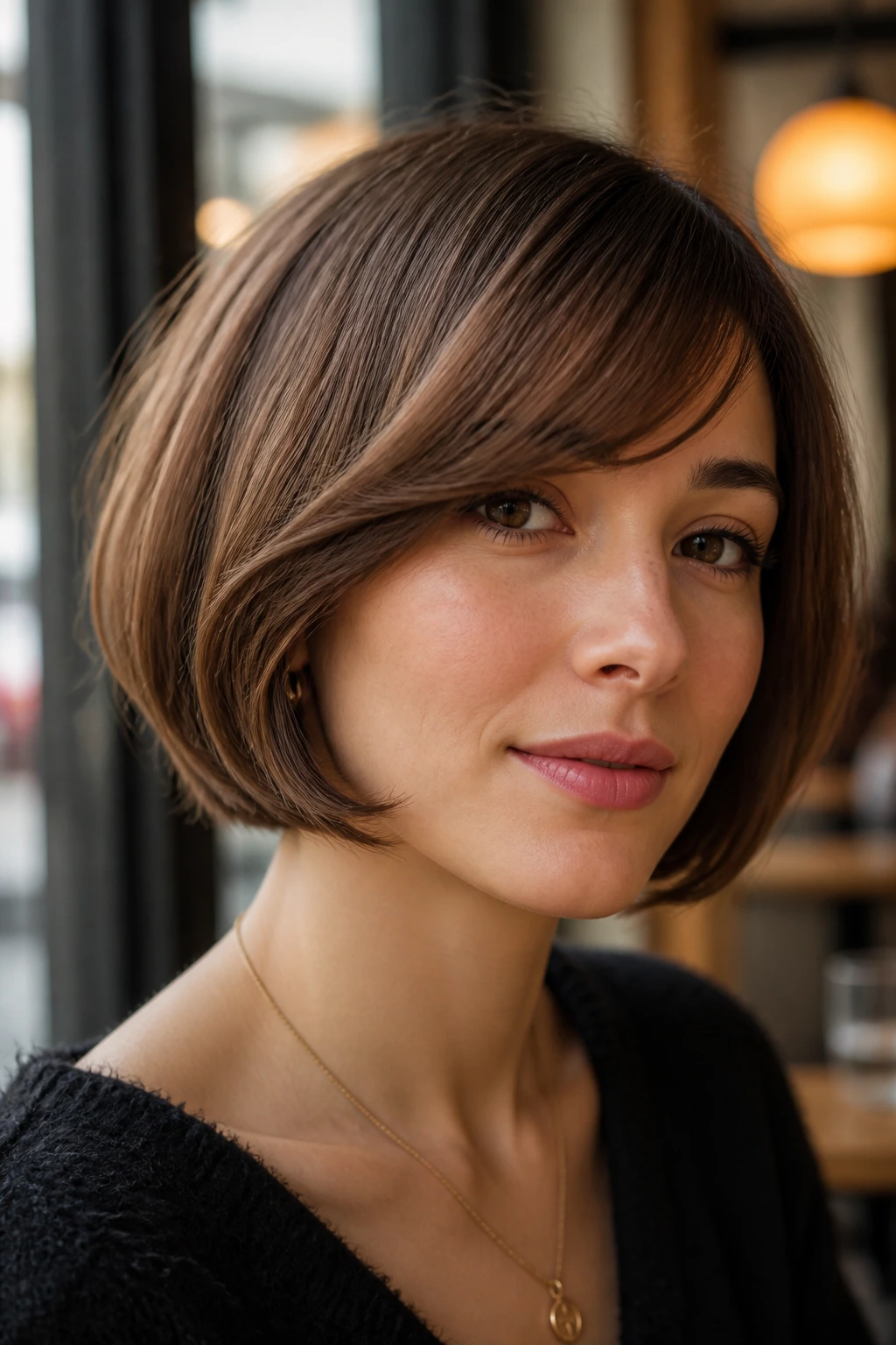 Woman with side bangs skimming a French bob