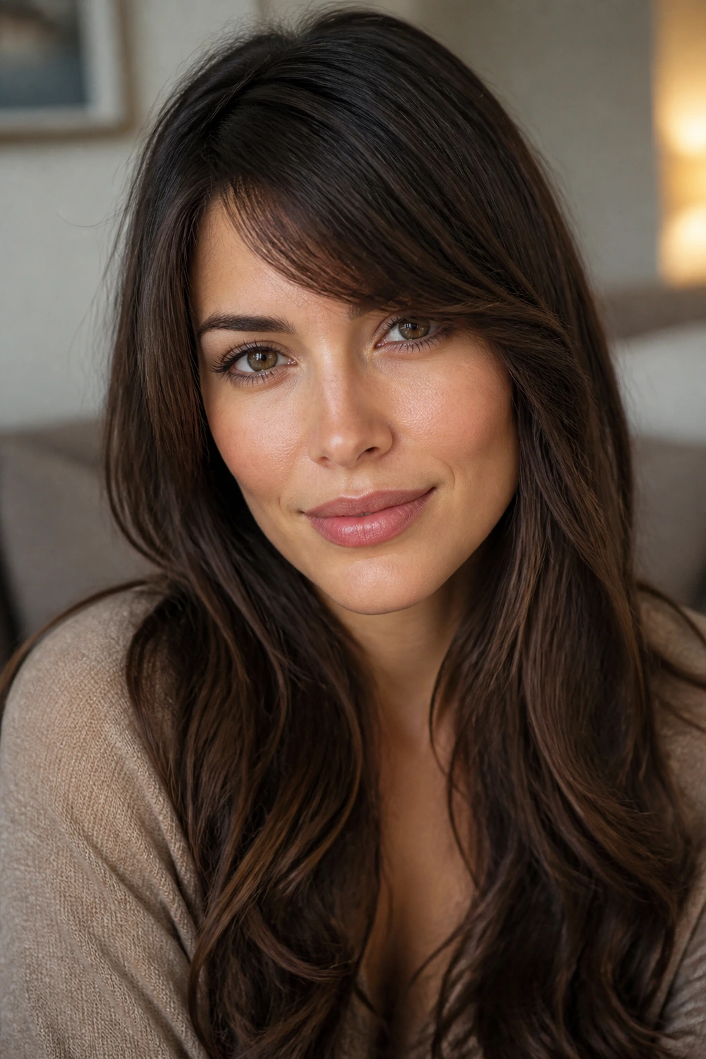Close-up of a real woman with a heart-shaped face and side-swept bangs balancing the forehead.