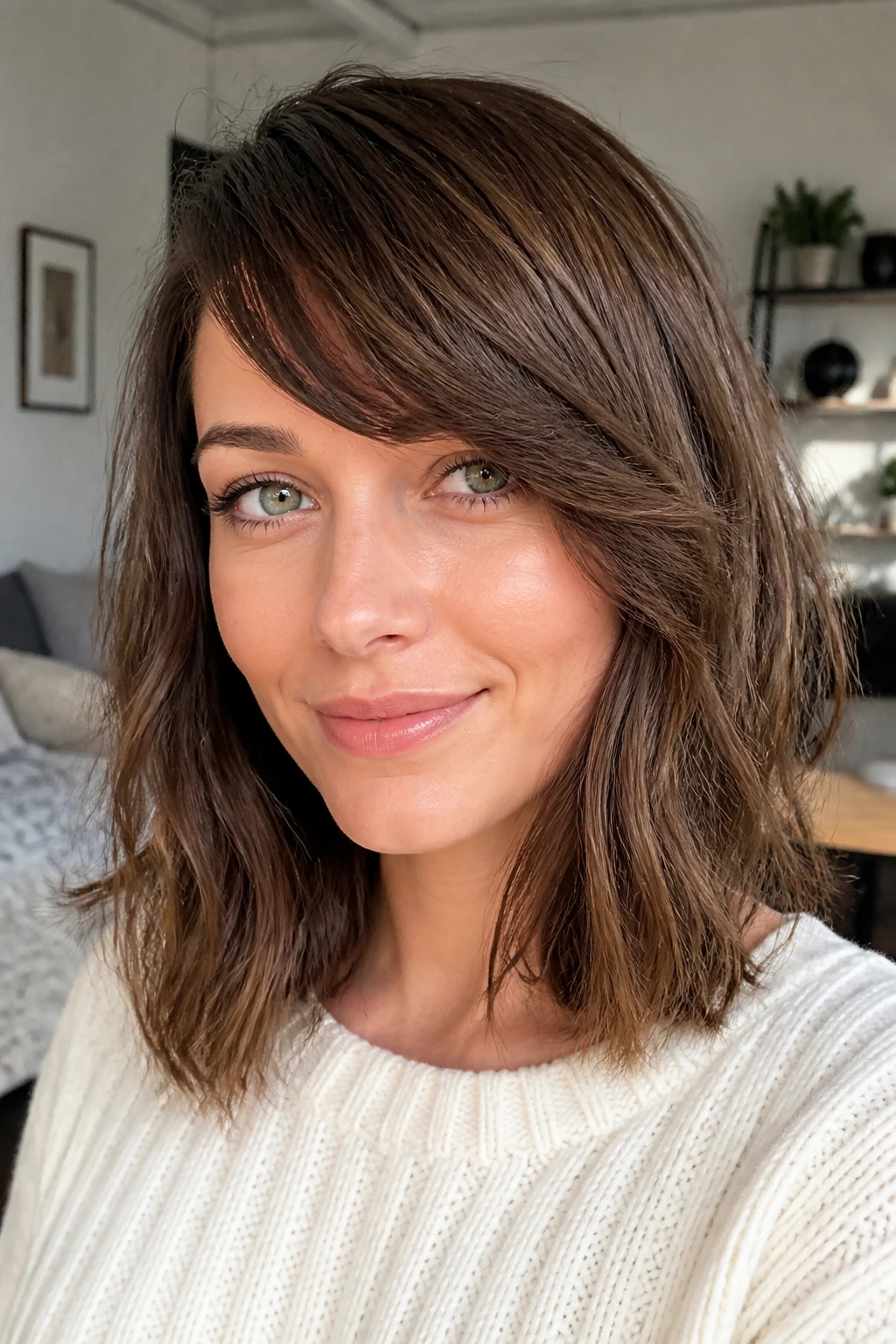 Portrait of a real woman with side bangs and lob demonstrating diagonal line