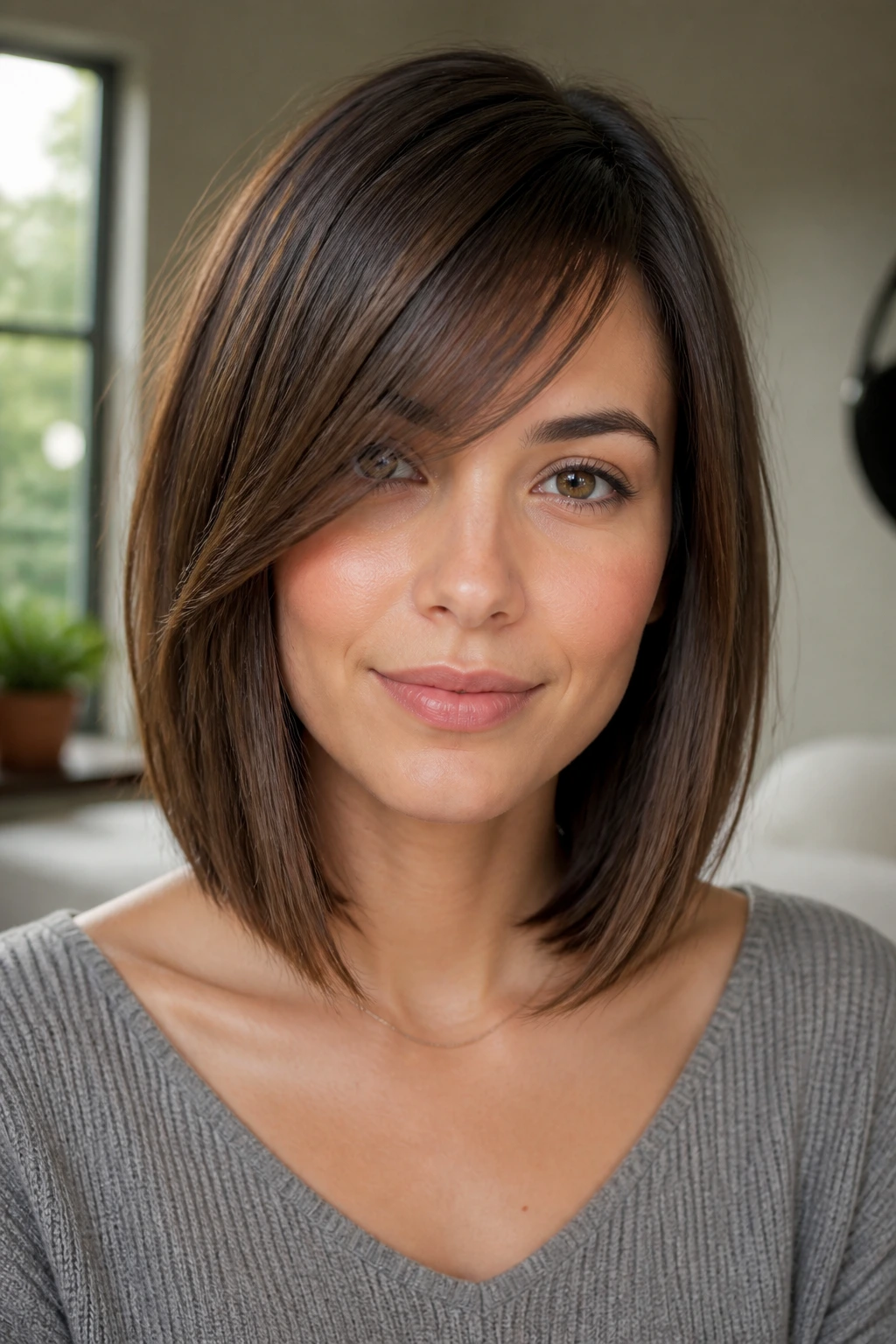 Close-up portrait of a real woman with side-swept bangs and a lob hairstyle in warm window light