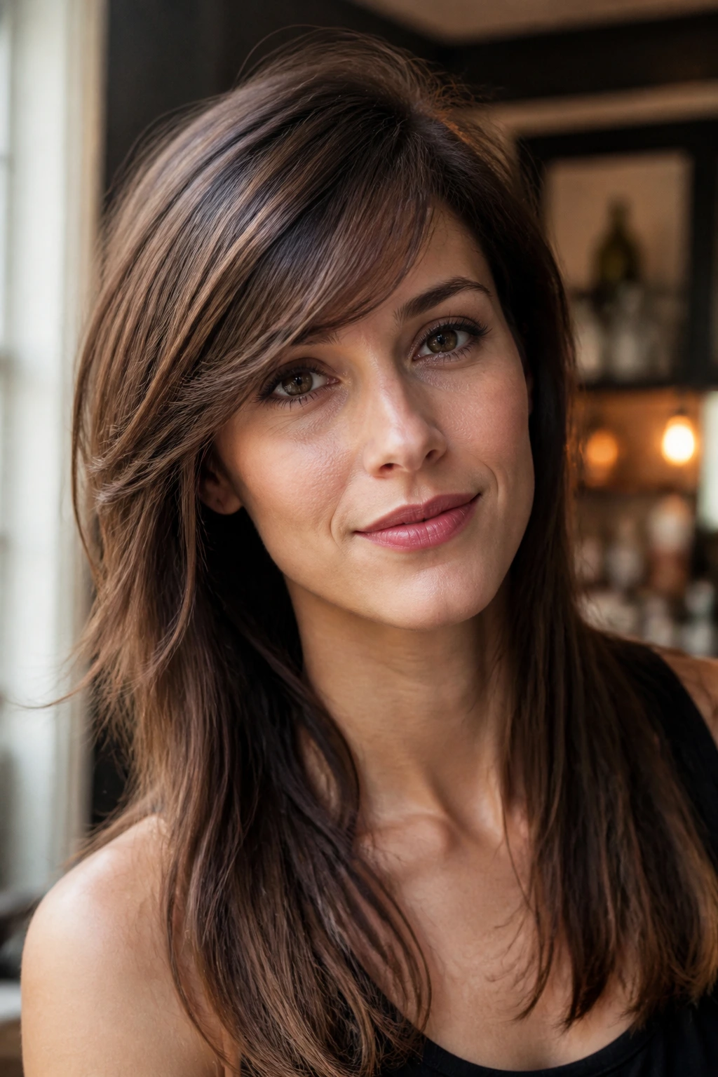 Portrait showing diagonal side-swept bangs widening the forehead on a long-face silhouette
