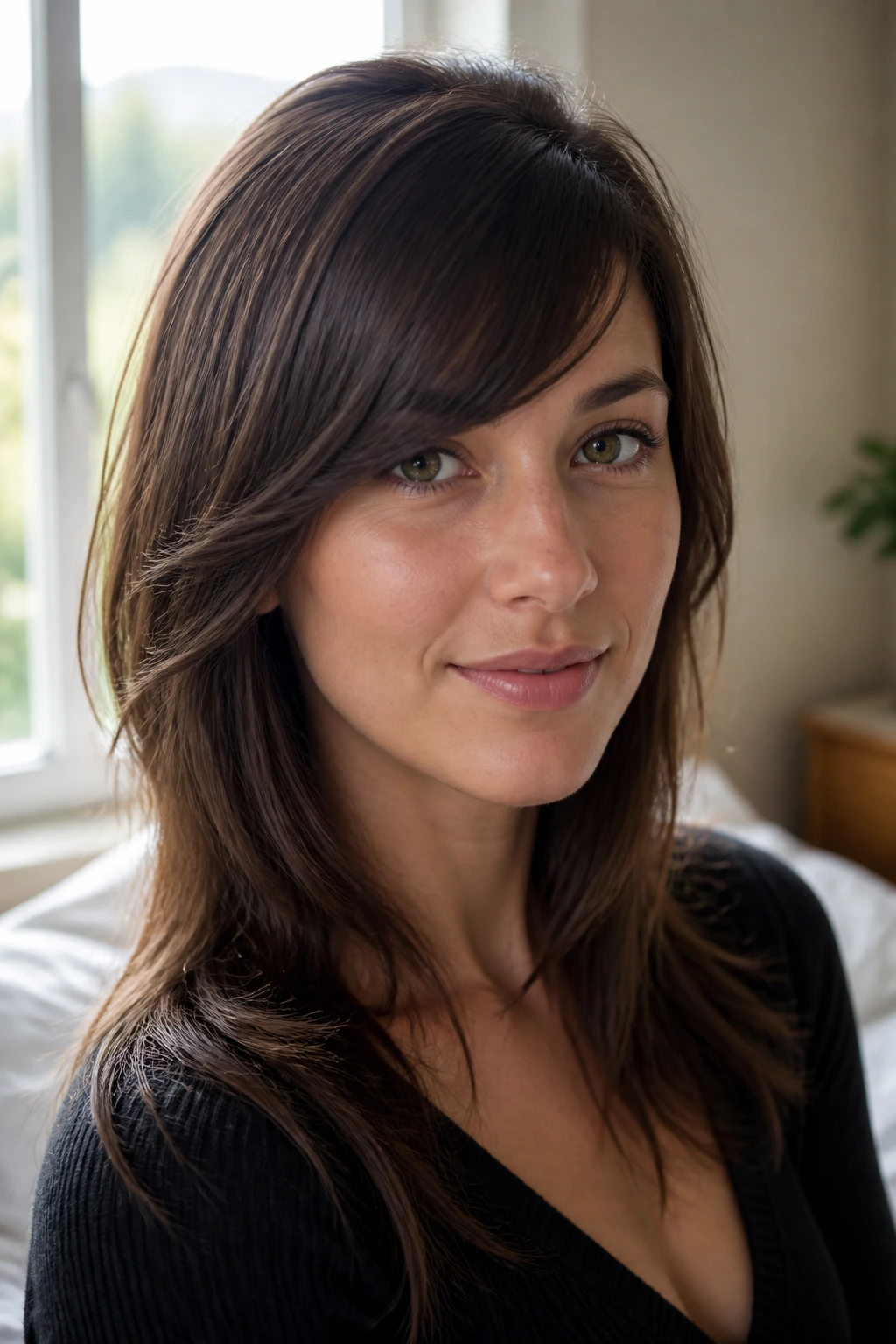 Close-up of a woman with side bangs that visually shorten a longer face, soft window light