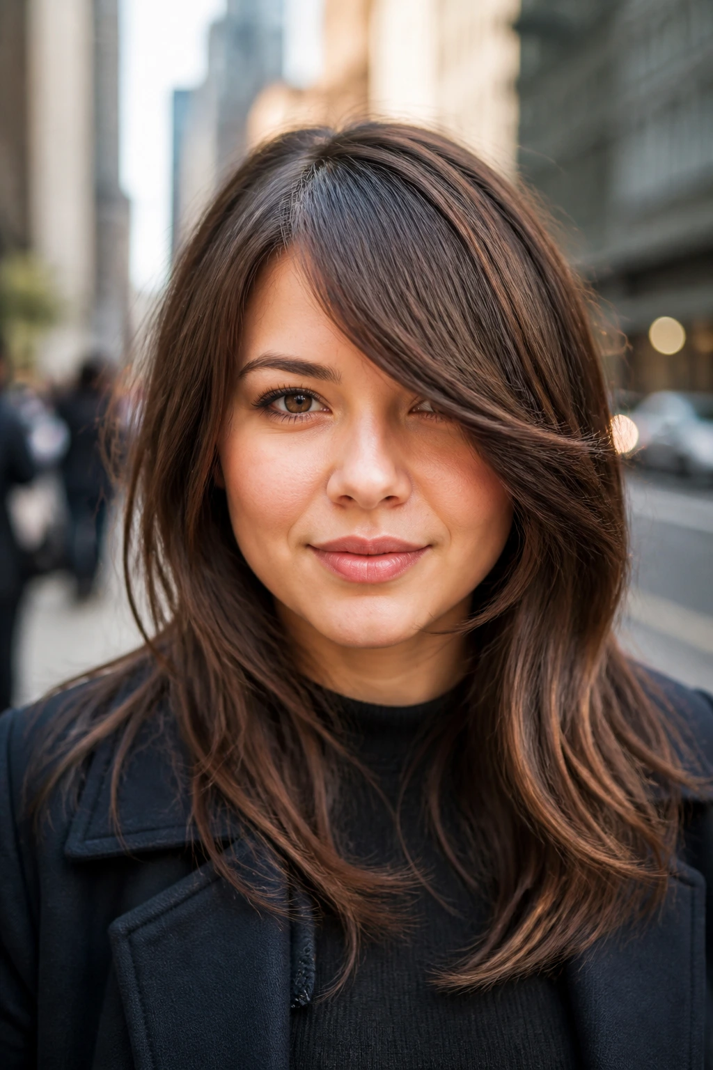 Close-up of a real person with diagonal side bangs to elongate a round face