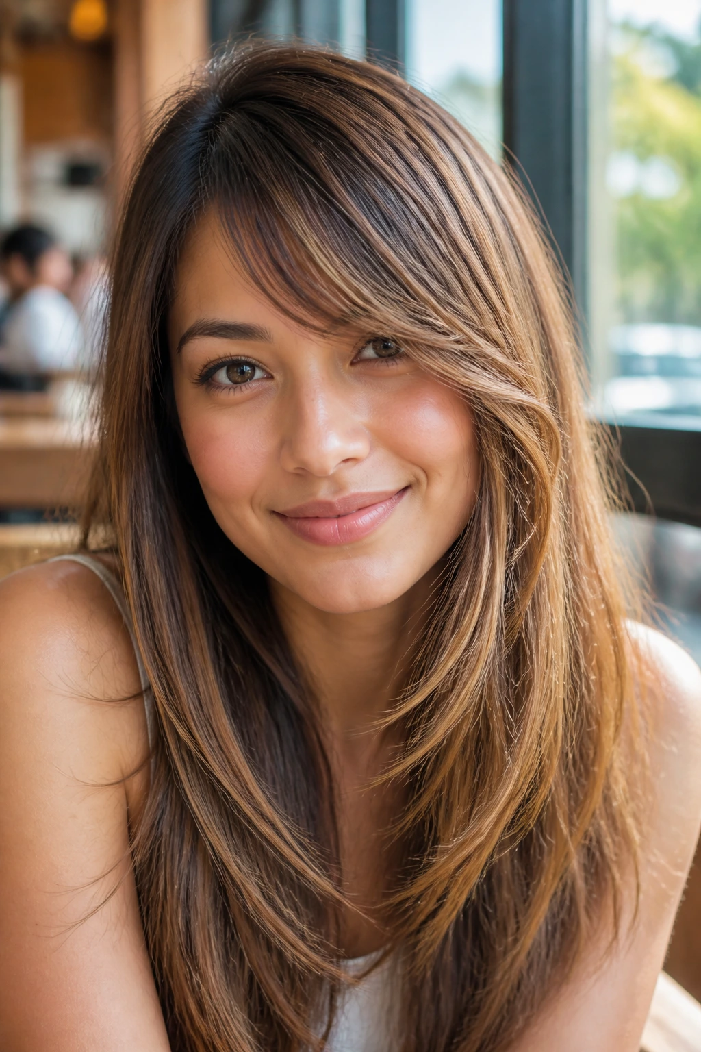 Close-up portrait of a real woman with an oval face and cheekbone-framing side bangs.