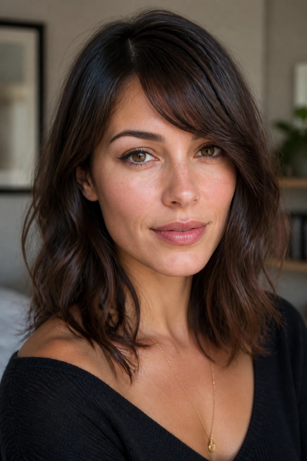 Portrait of a woman with side bangs blended with the rest of her hair