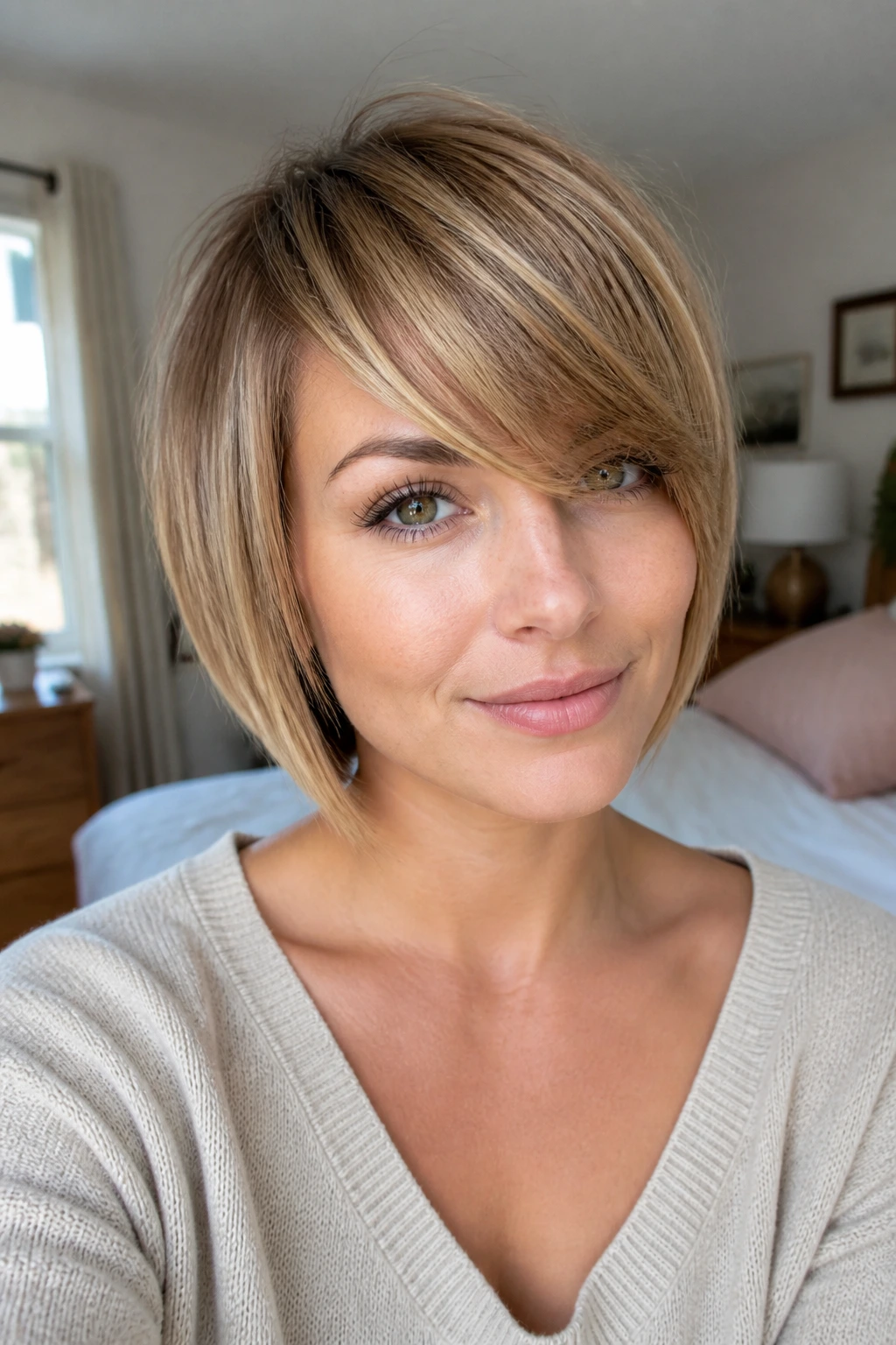 Close-up of a real woman with diagonal side bangs in a cozy bedroom.