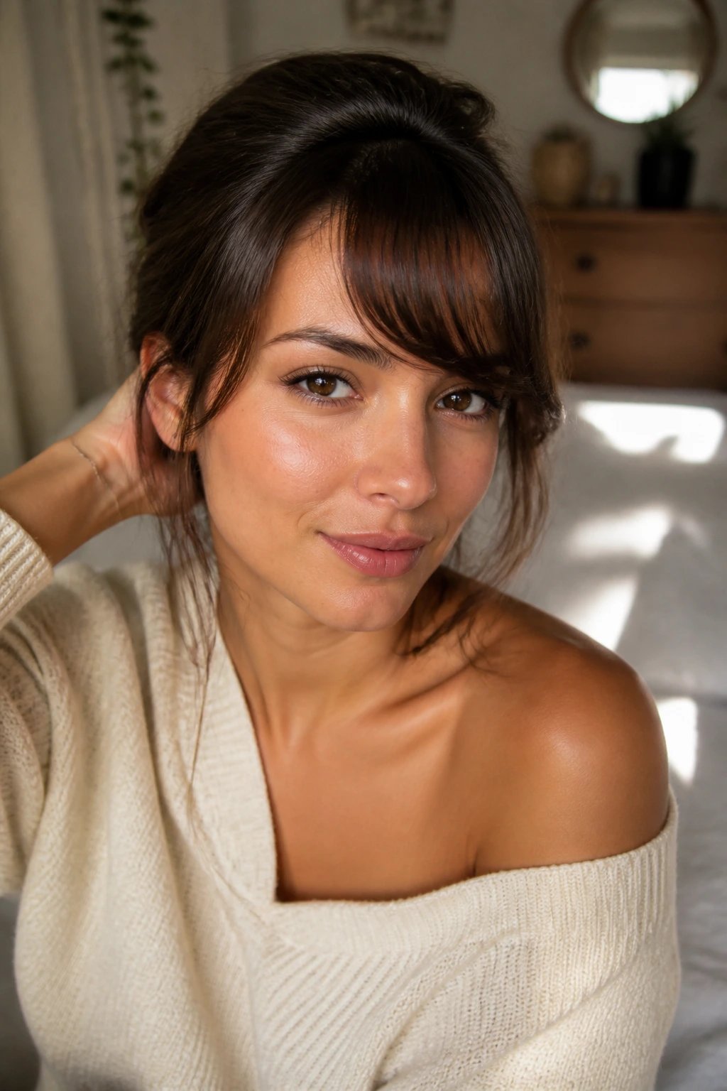 Close-up portrait of a real woman with side bangs in warm window light.