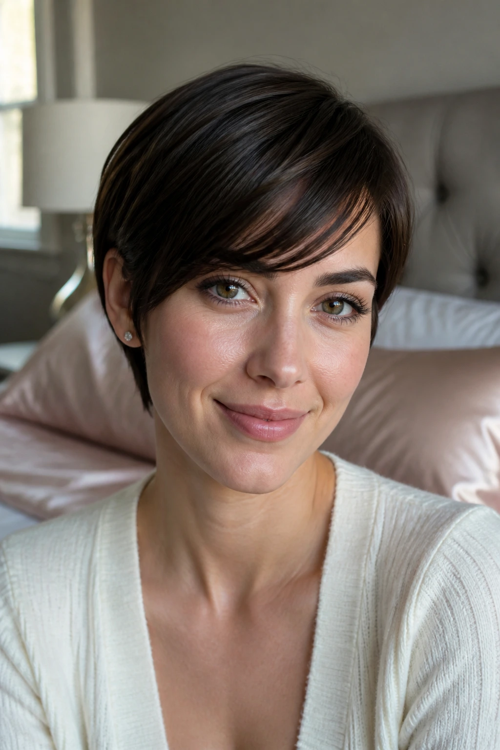 Close-up portrait of a real woman with neatly swept side bangs in a bedroom, silk pillowcase visible, soft light