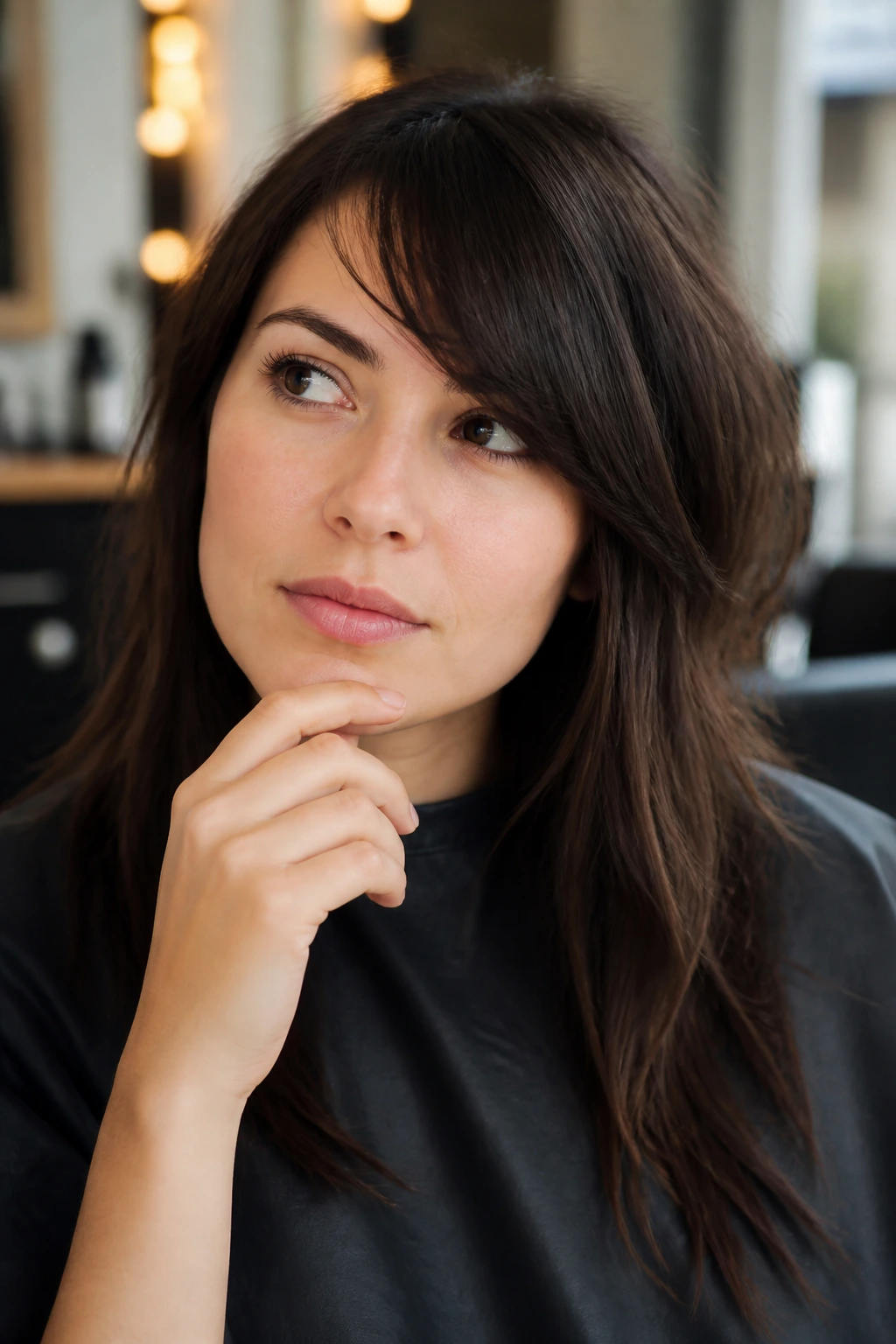Thoughtful portrait of a person considering cutting side bangs