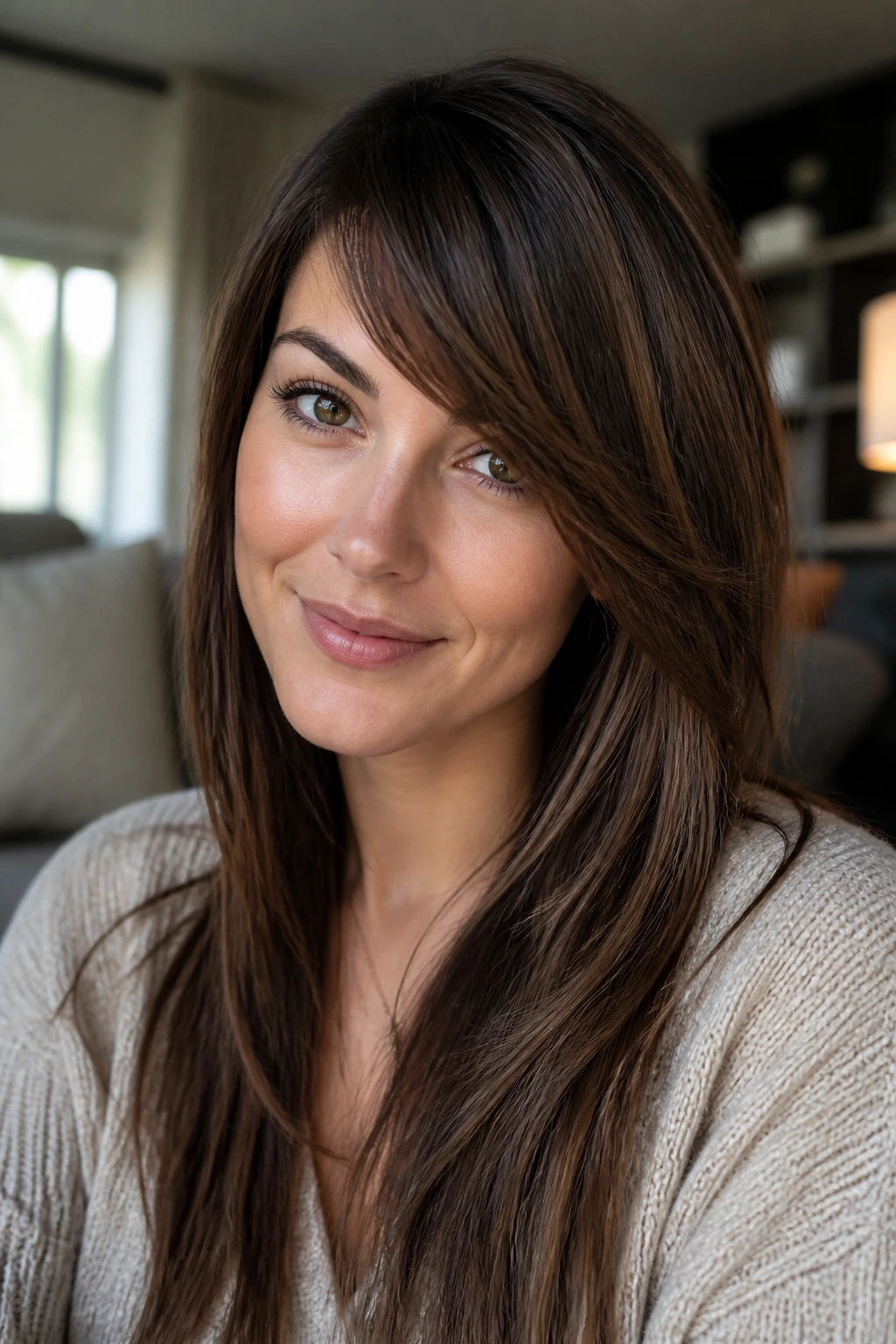 Close-up portrait of a real woman with side bangs that elongate the face in a warm living room with natural window light