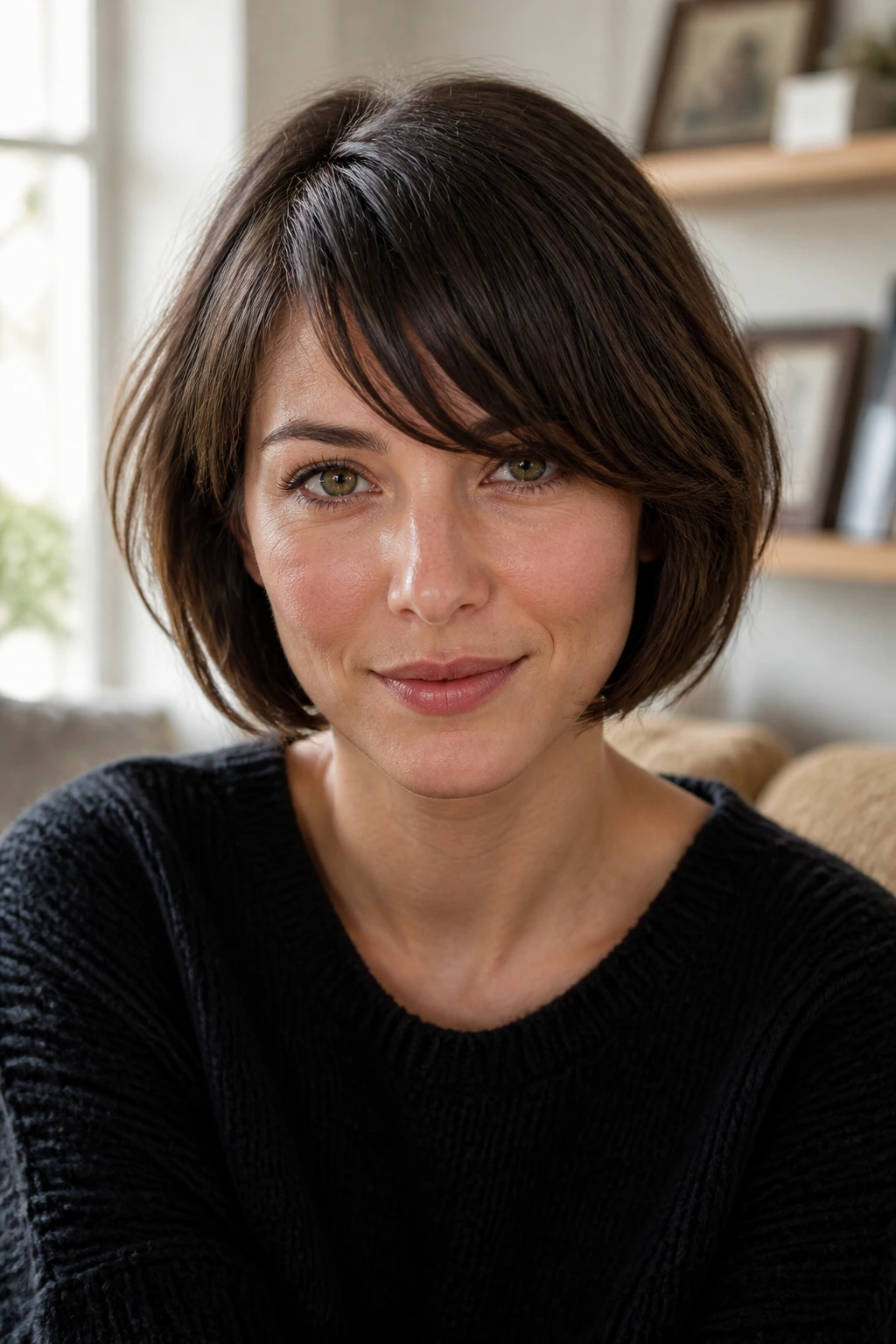 Close-up portrait of a woman with chin-length bob and side bangs in warm window light