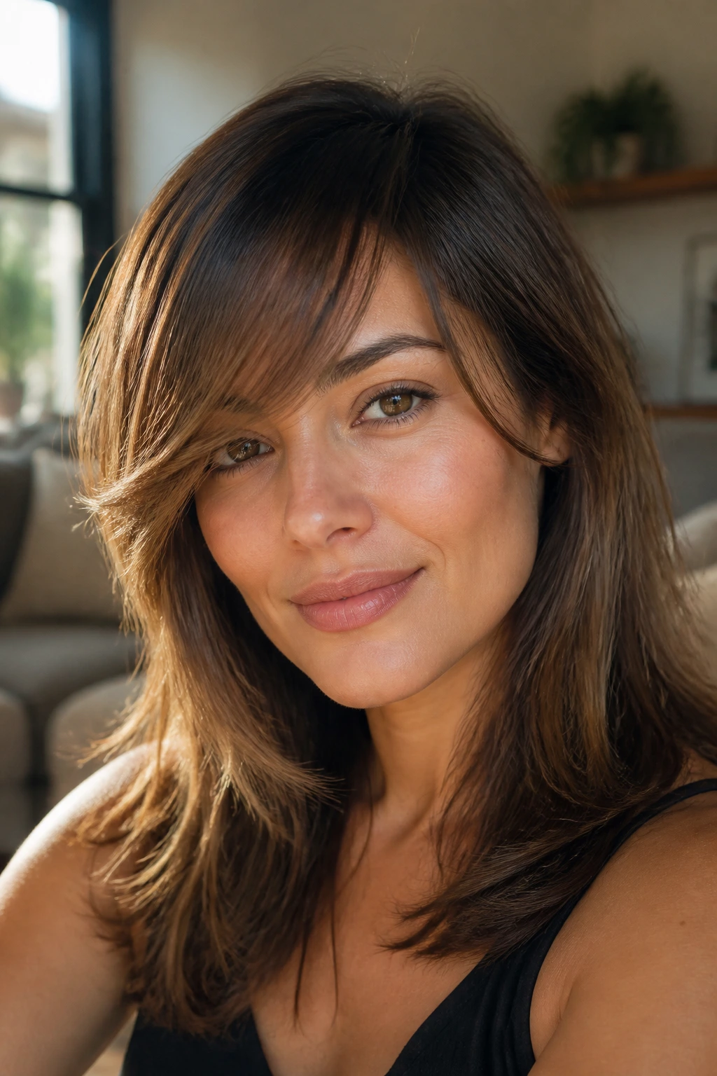 Close-up portrait of a woman with side-swept bangs softly framing her cheeks