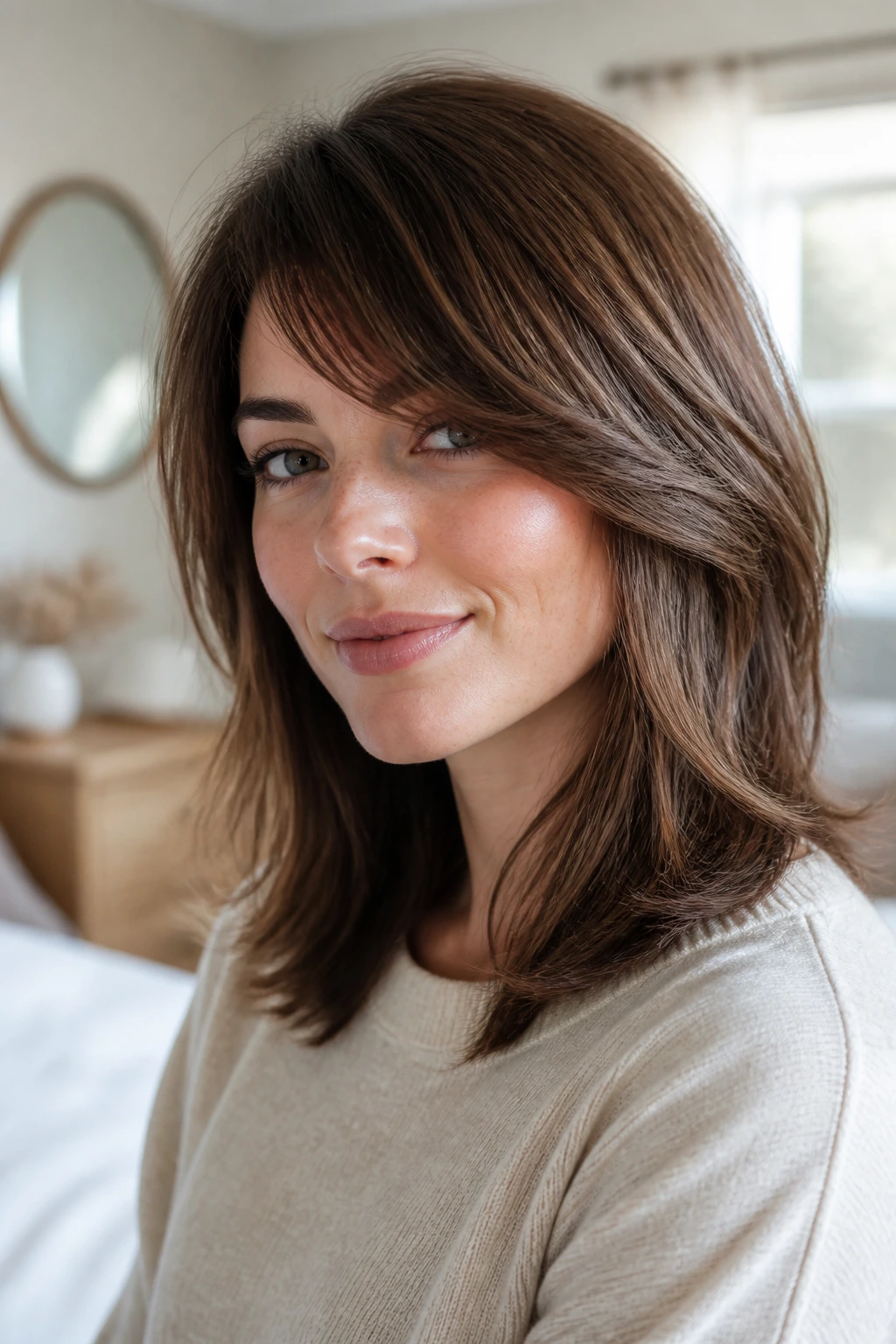 Real woman with side-swept bangs and soft layered cut