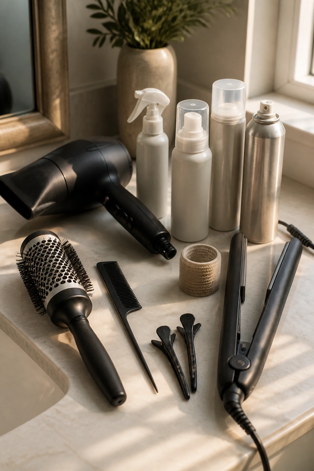 Close-up of essential side-bang styling tools arranged on a vanity