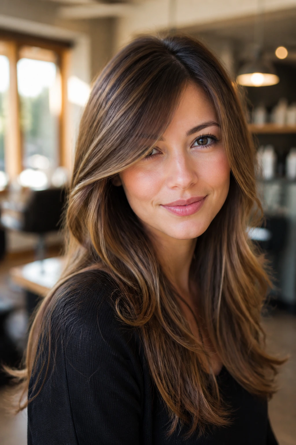 Close-up of a woman with diagonal side bangs in warm salon light