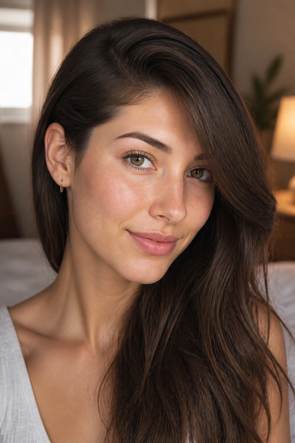 Close-up of a real woman with side bangs tucked behind one ear, warm window light