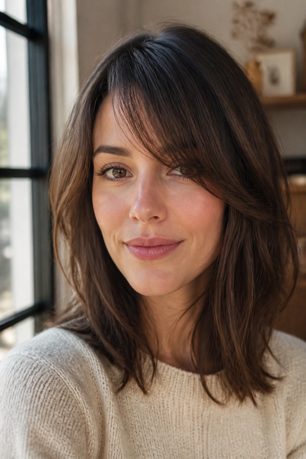 Close-up of a woman with a blended longer side bang variation in warm indoor light