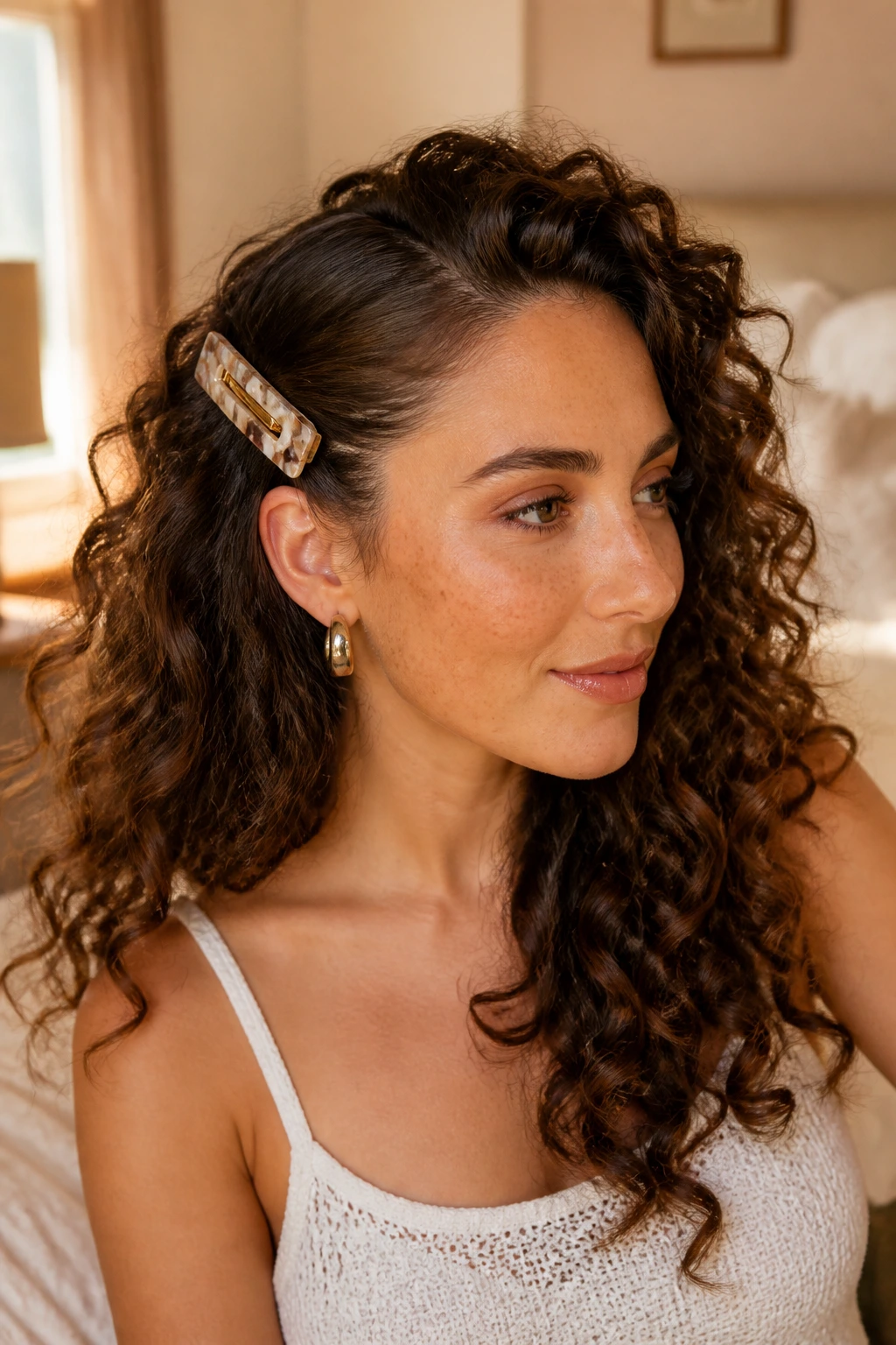 Side-barrette half-up hairstyle on real person, close-up portrait with clip