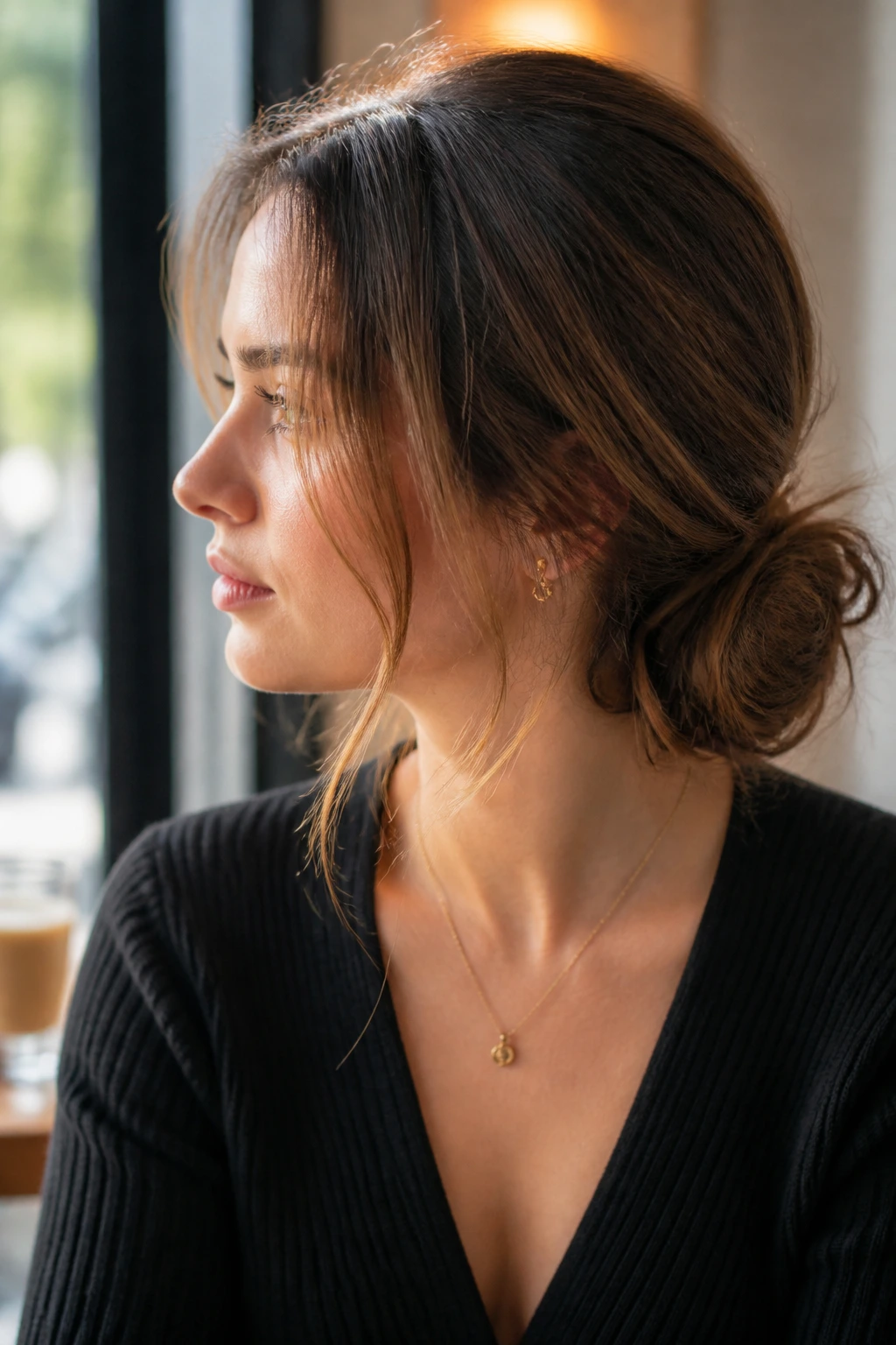 Side profile of a real woman with a low bun positioned off-center behind the ear.
