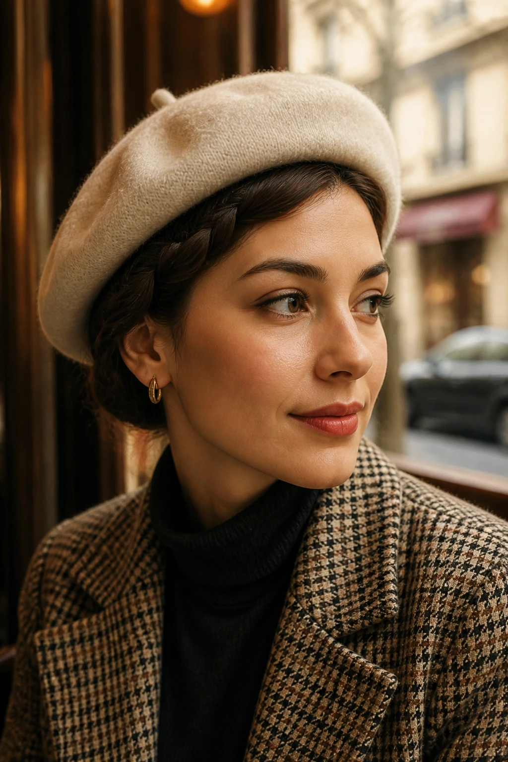 Close-up portrait of a woman with a side braid tucked under a beret in a cafe window light