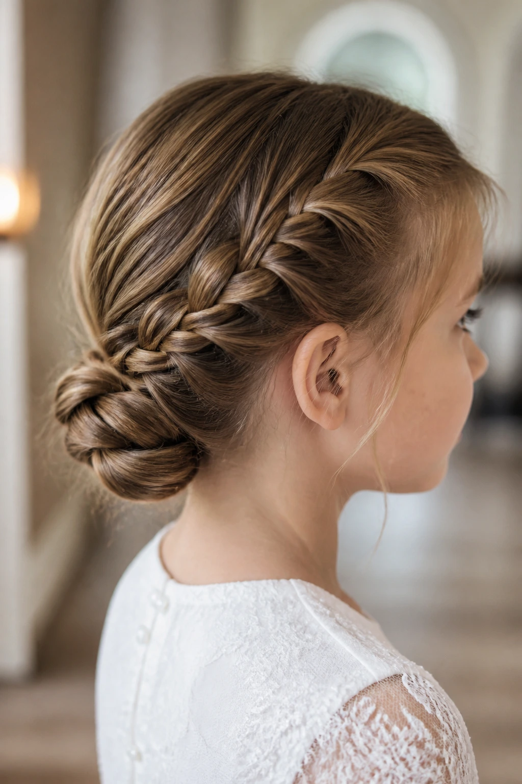 Close-up of a real child’s head showcasing a side braid folded into a bun at the nape in warm light