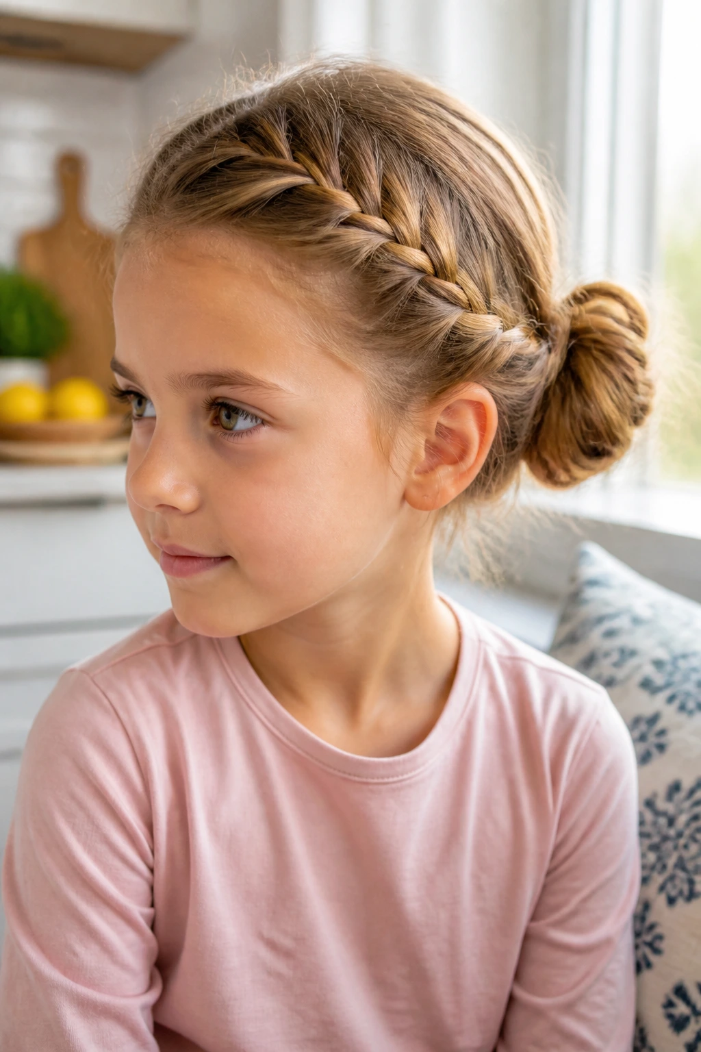 Real girl's head with a side braid flowing into a bun