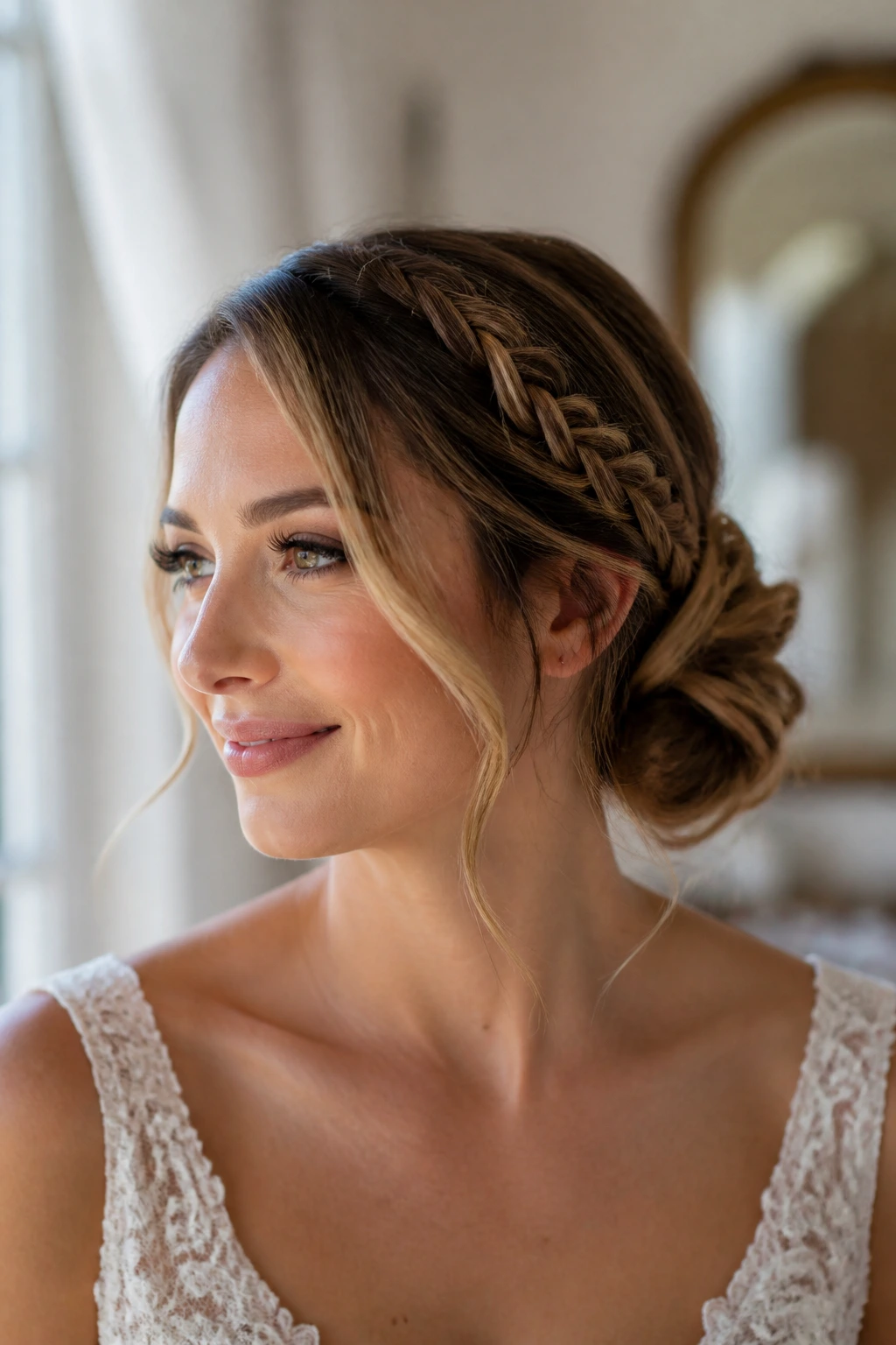 Close-up of a real bride with a side braid transitioning into a low bun, hair framing the face in warm bridal light