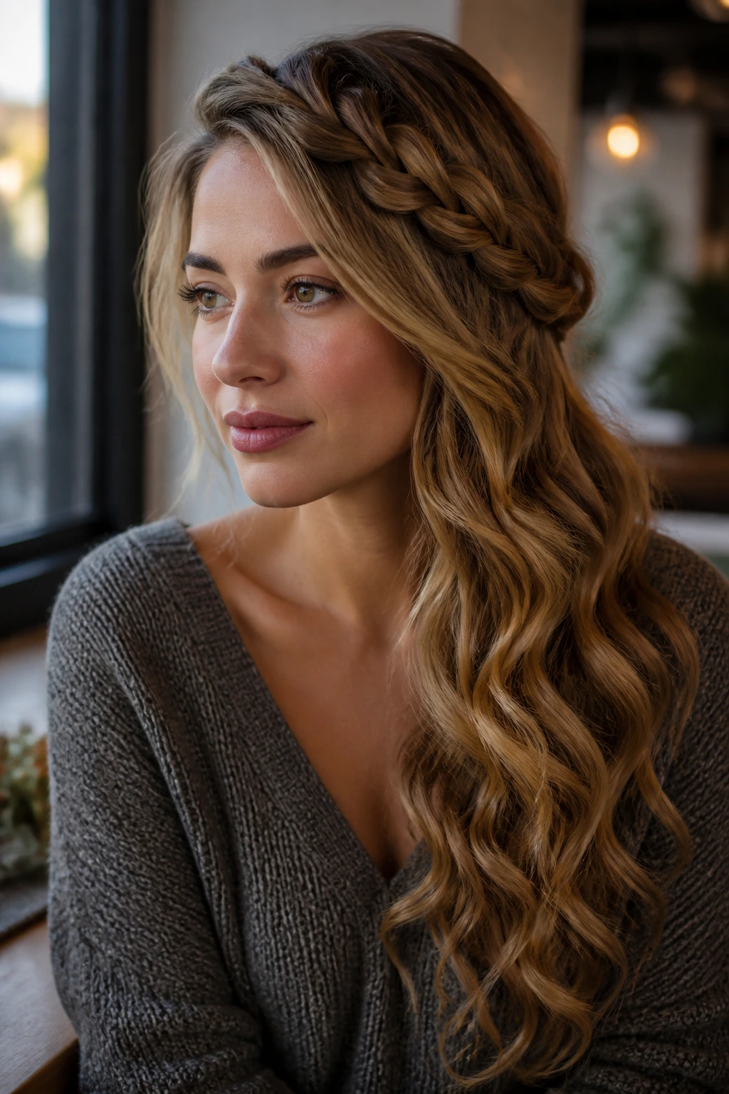 Close-up portrait of a real woman with side braid and cascading waves