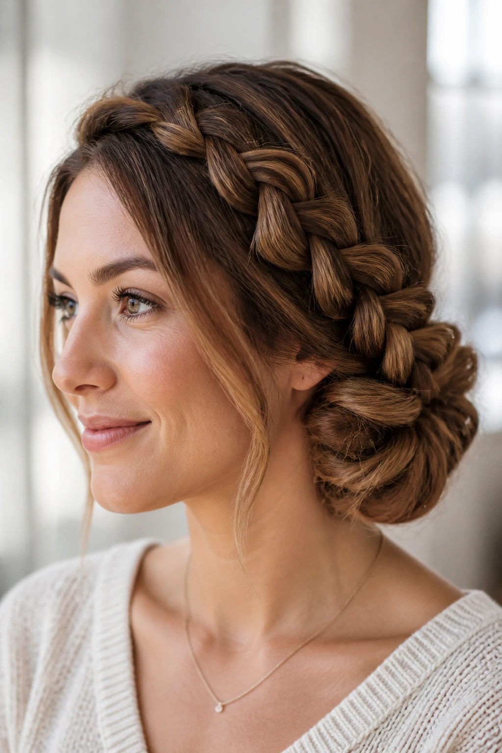 Real woman with side braid leading to a chignon