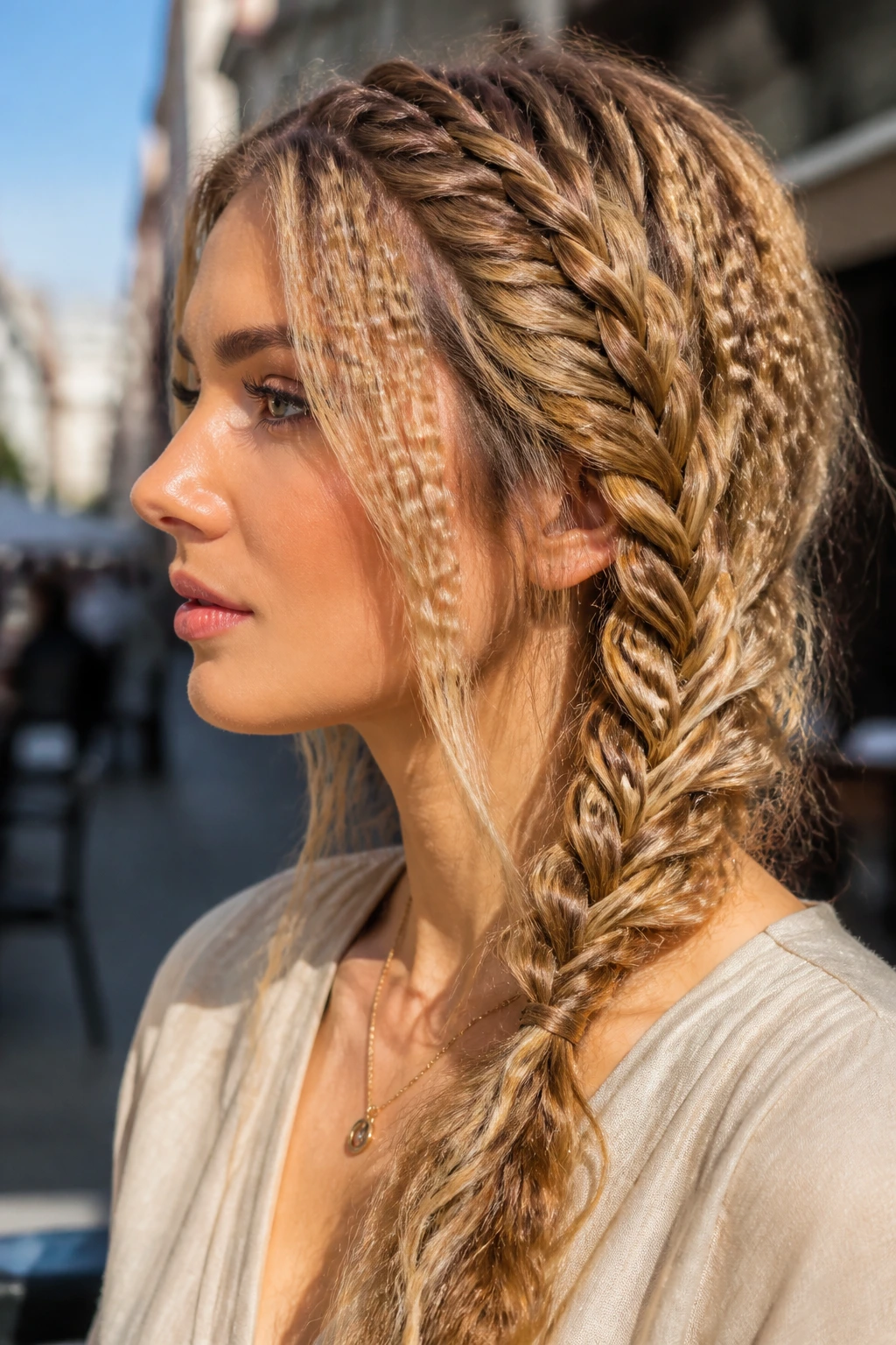 Side braid with crimped panels on real woman