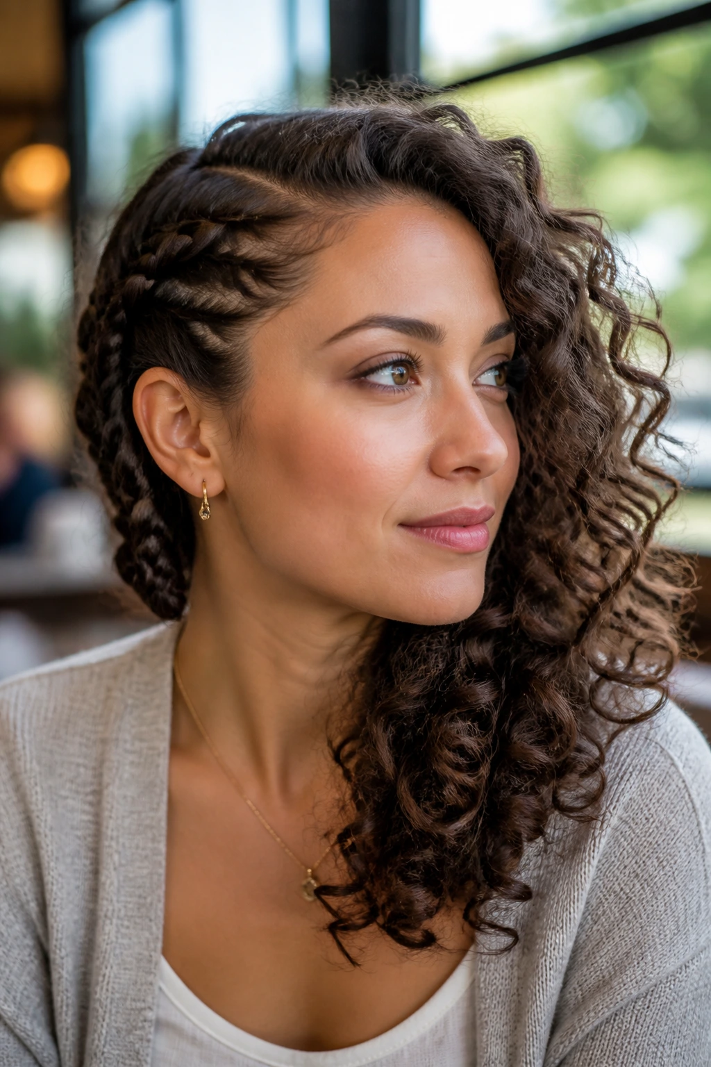 Close-up of a real woman with a side braid and cascading curls.