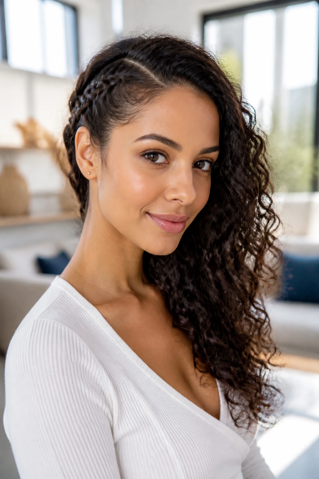 Three-quarter portrait of a real woman with a side braid and free curls.