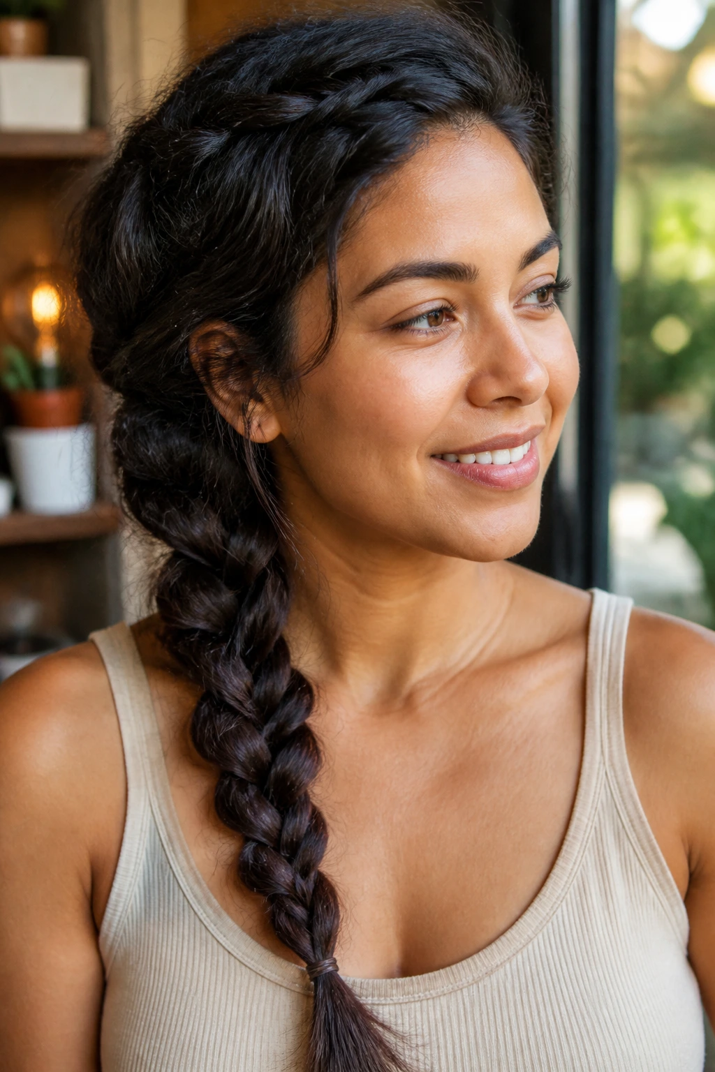 Close-up of a real woman with a side braid draped over one shoulder hairstyle