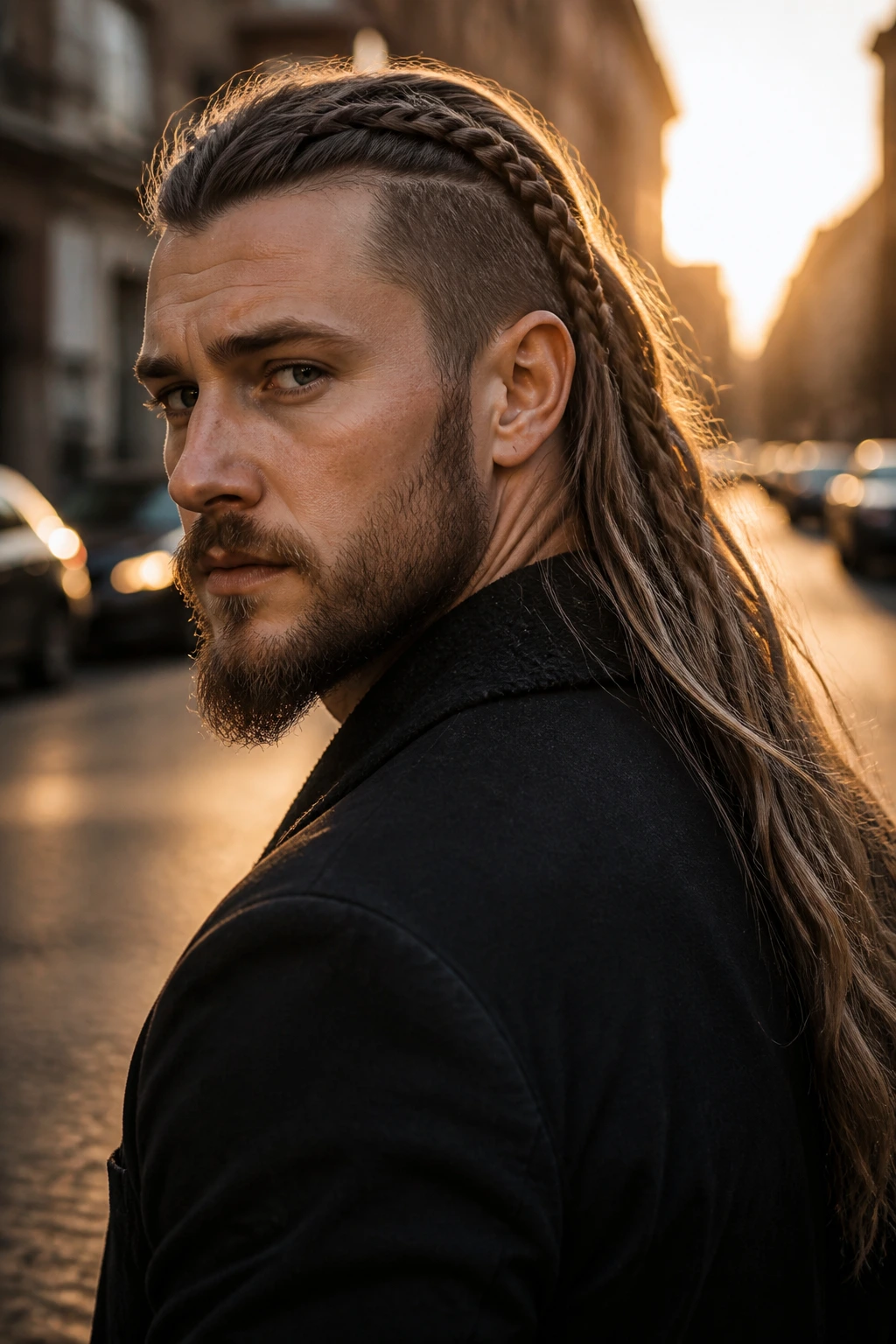 Portrait of man with side braid and long back Viking hairstyle