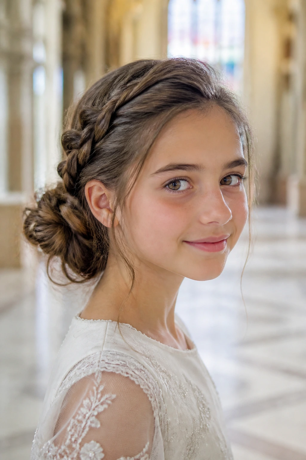 Girl with side braid feeding into a loose off-center bun in church hallway light