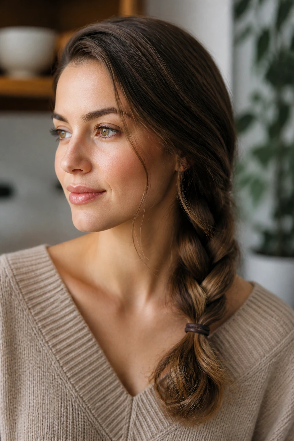 Close-up of a real woman with a classic side braid and a loose tail