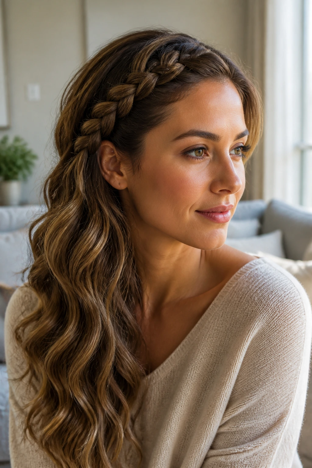 Portrait of woman with side braid flowing into loose waves over the shoulder.