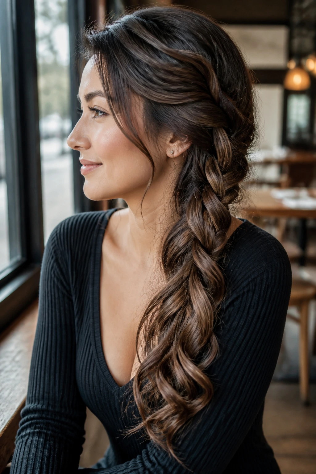 Real woman with side braid that ends in loose waves in daylight at a cafe window