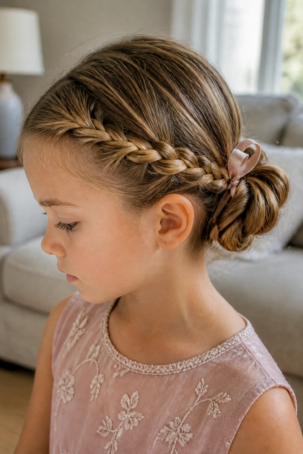 Close-up of girl with side-braid wrapped low bun