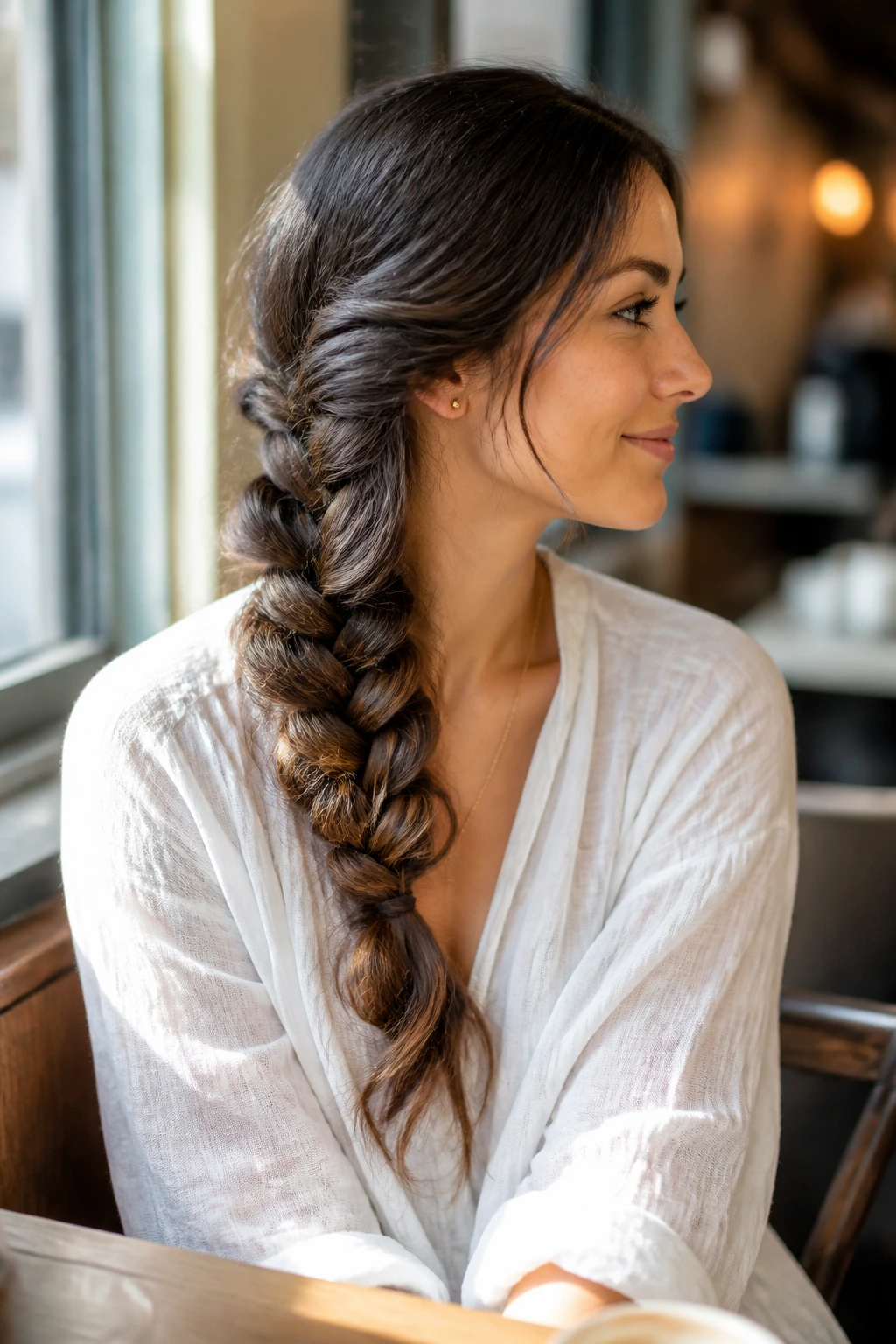Side profile of woman with side braid with pancaked loops over shoulder in sunny cafe.