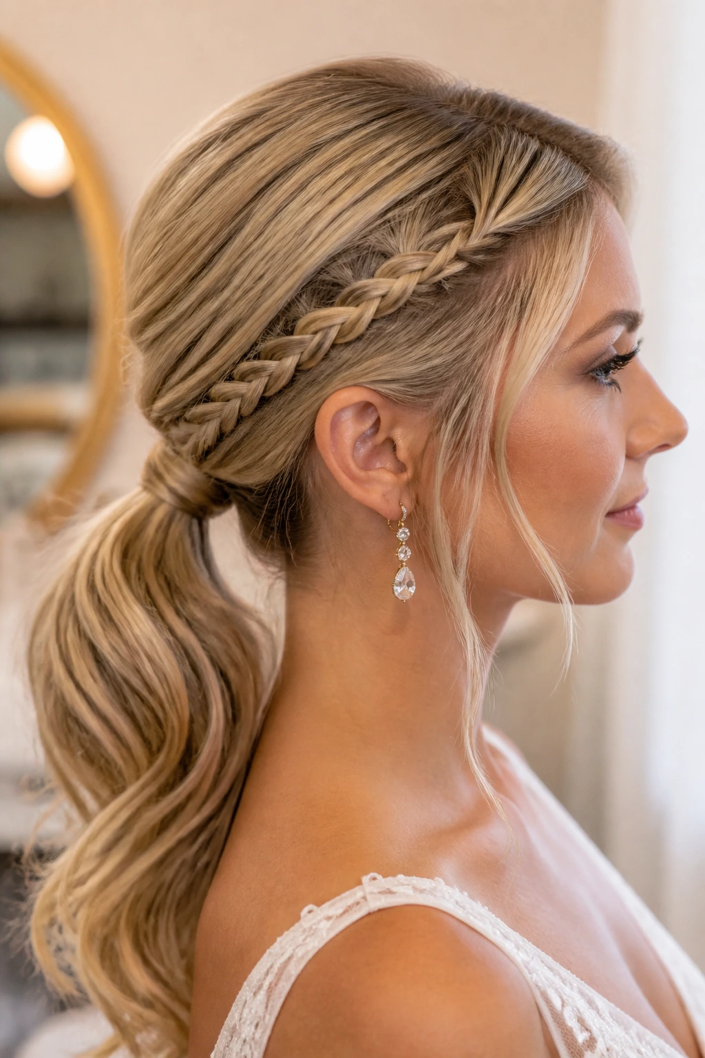 Profile view of bride with a narrow side braid flowing into a low ponytail
