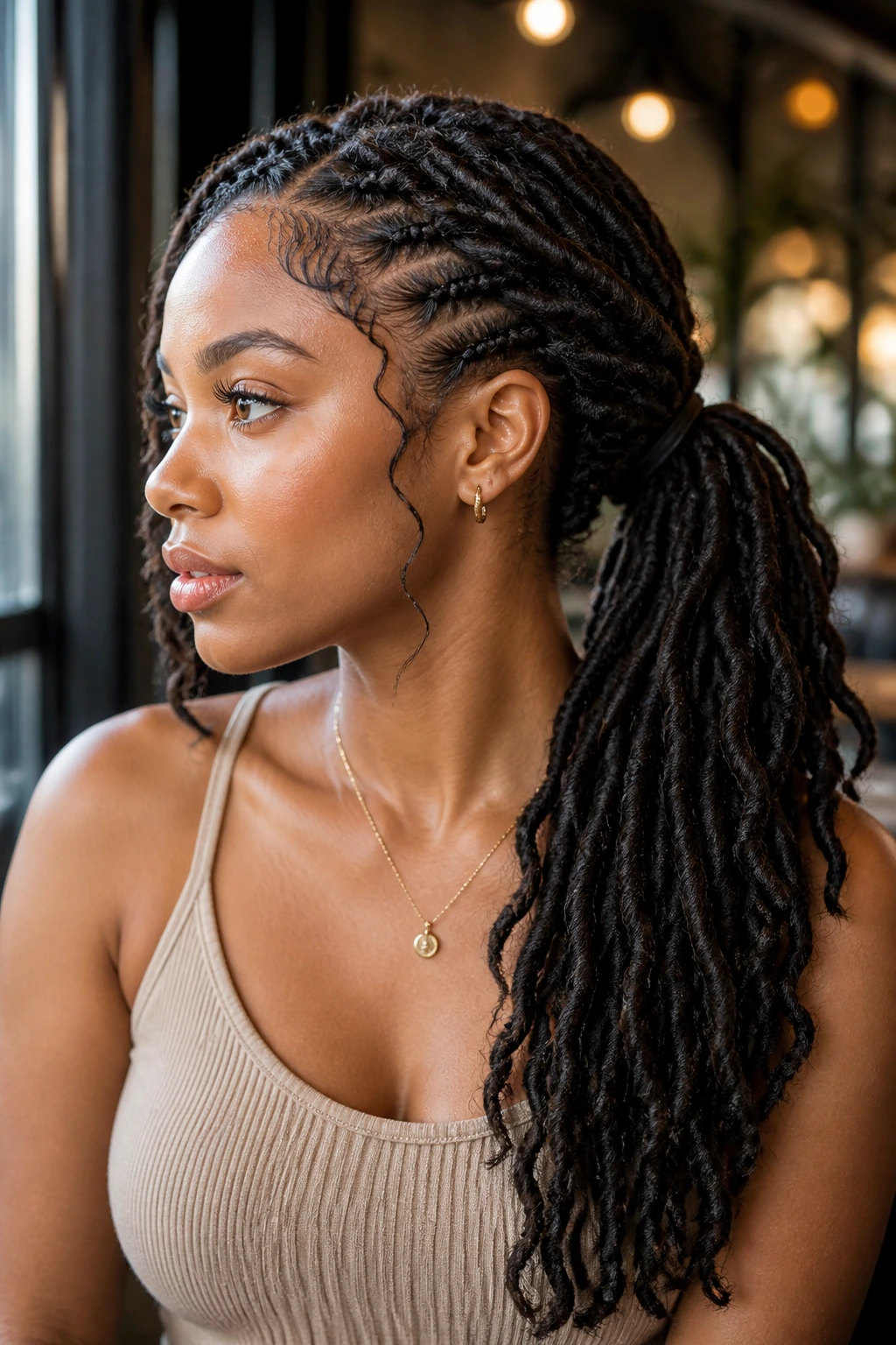 Portrait of a woman with side braid into ponytail goddess locs