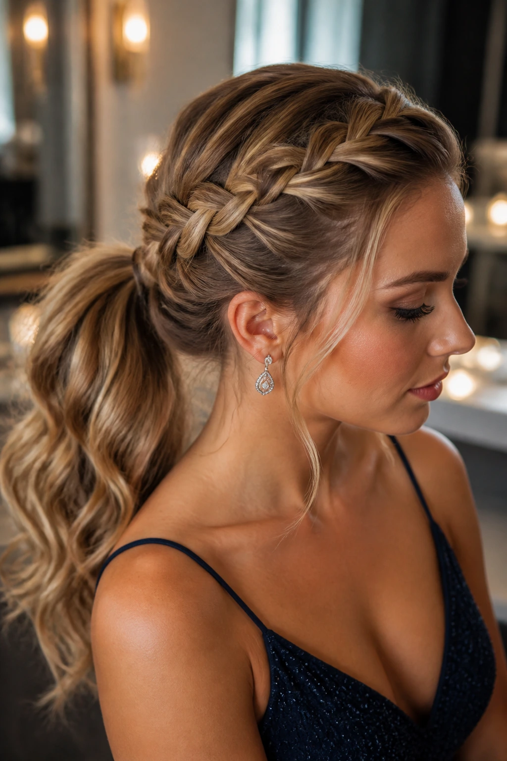 Close-up of a real woman with a side braid entering a ponytail