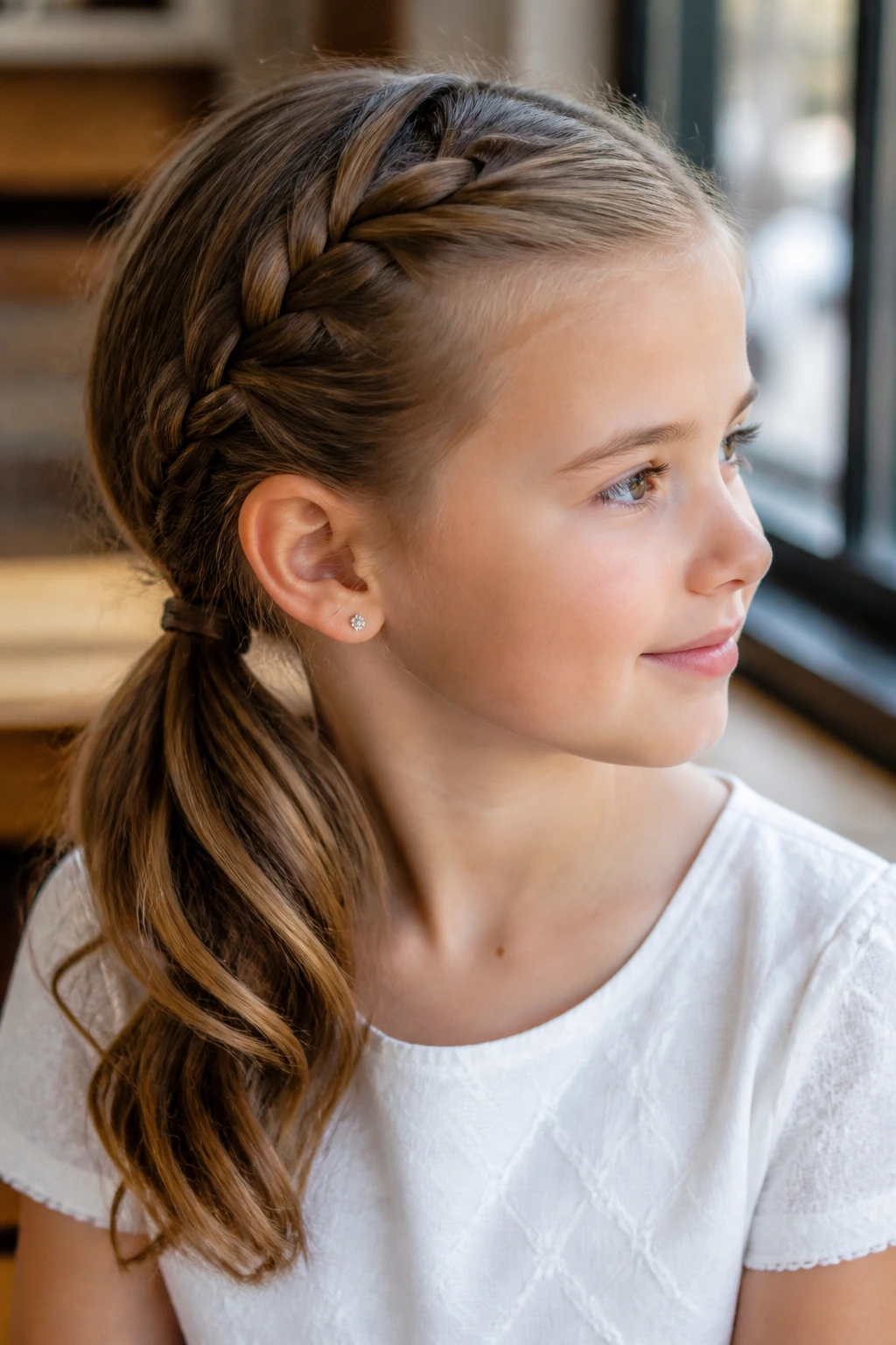Side profile of a real child with a side braid into a low ponytail