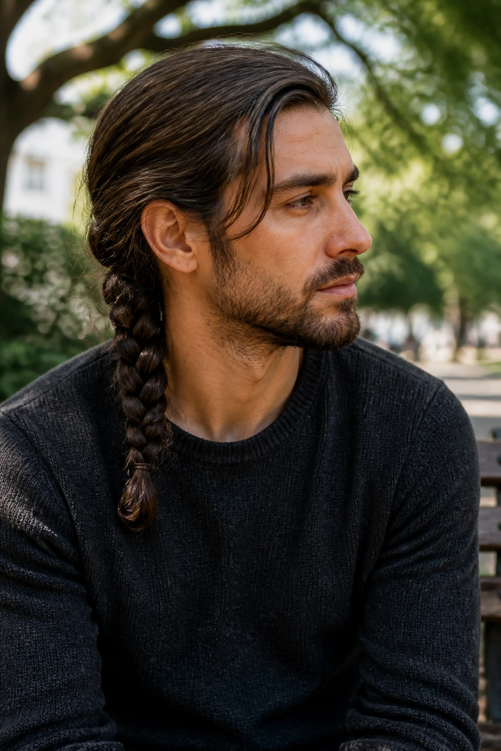 Close-up of a man with a single loose side braid over the shoulder