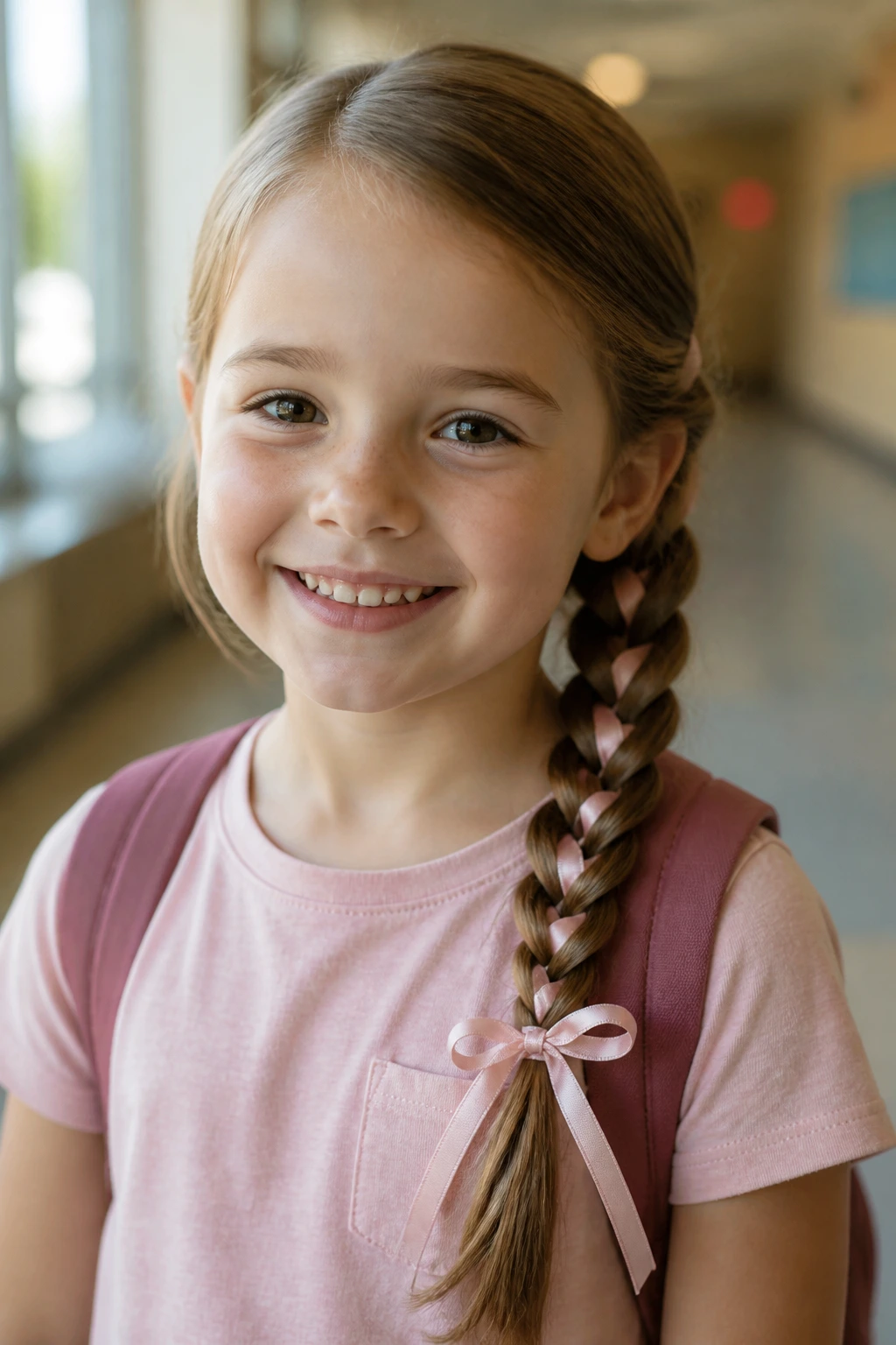 Close-up of a side braid with a ribbon