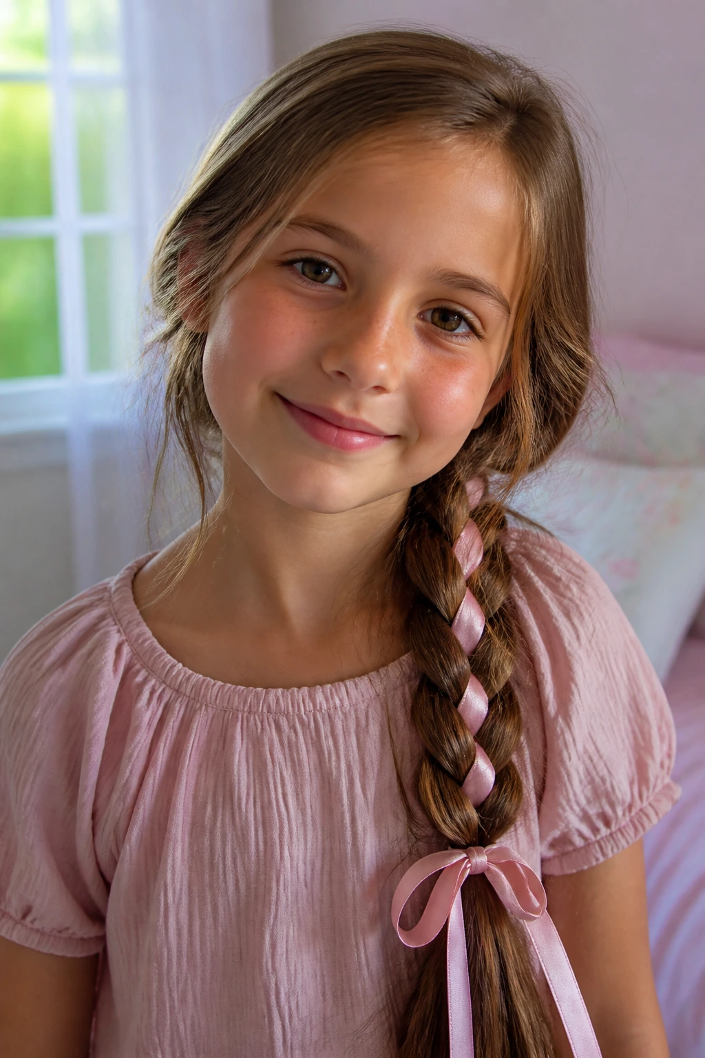 Close-up of a young girl with a side braid and ribbon in a softly lit bedroom